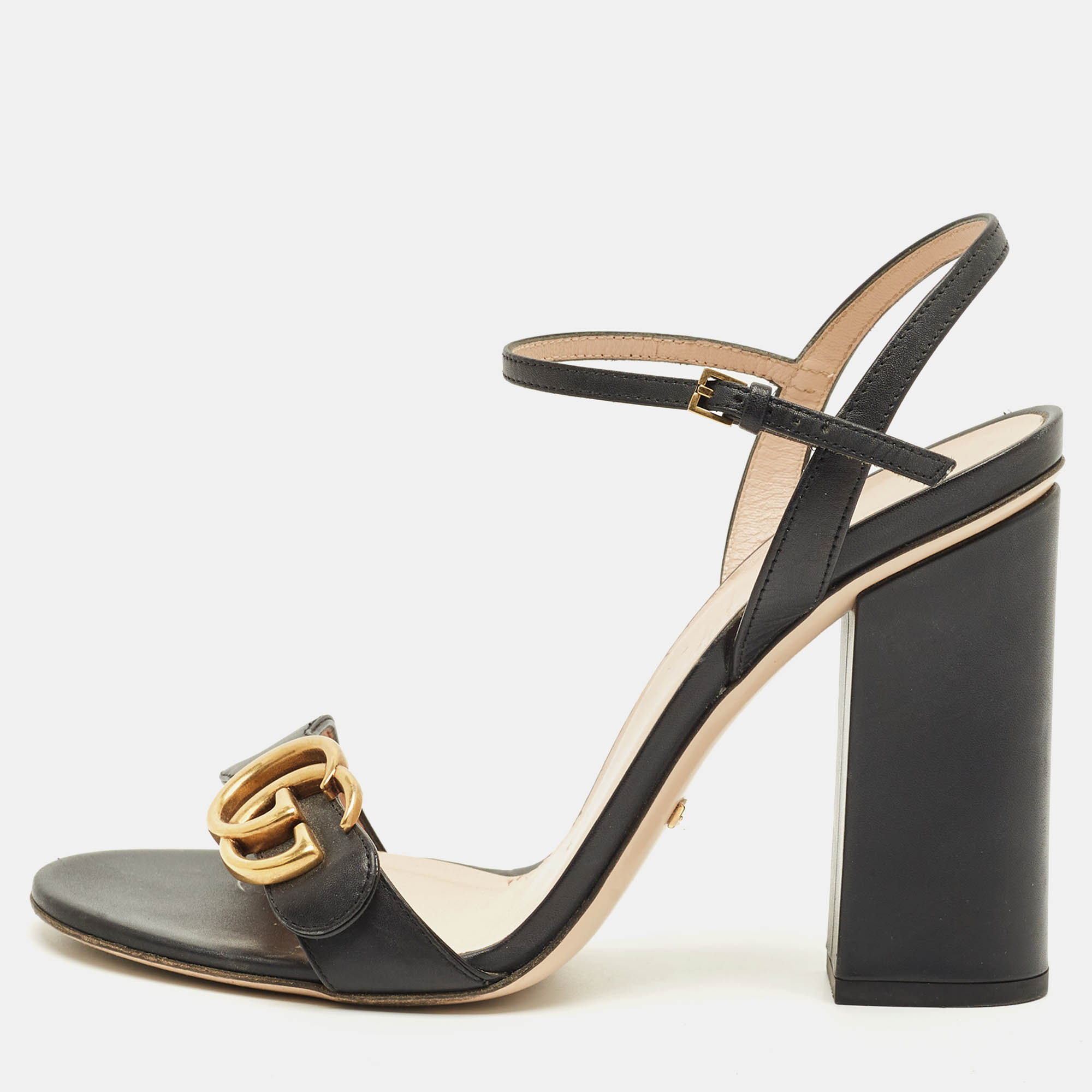 

Gucci GG Marmont Size  Black Leather Ankle Strap Sandals