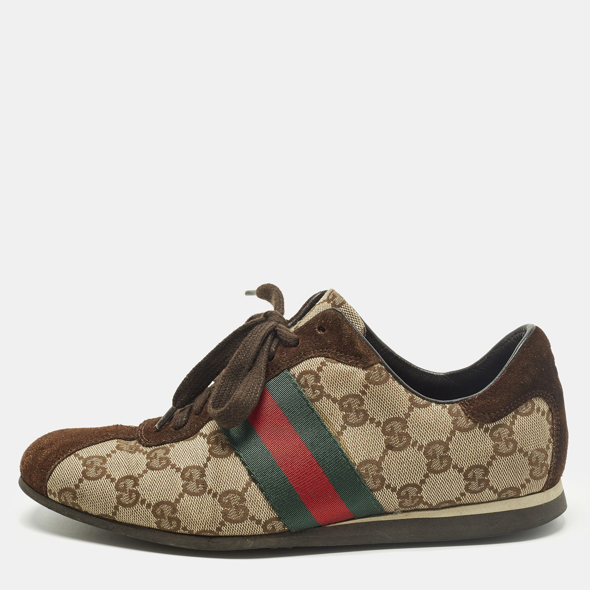 Pre-owned Gucci Web Size 37 Dark Brown/beige Gg Canvas And Suede Low Top Sneakers