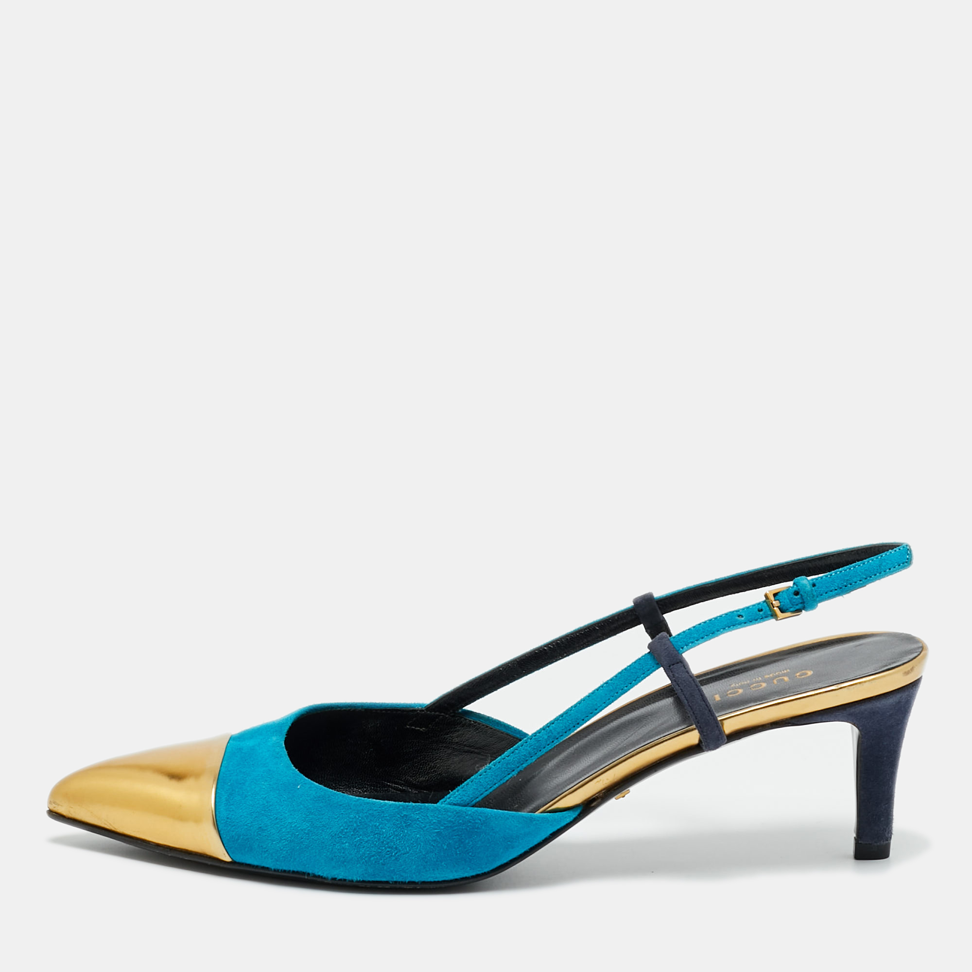 Pre-owned Gucci Size 40 Tricolor Leather And Suede Cap Toe Slingback Pumps In Gold