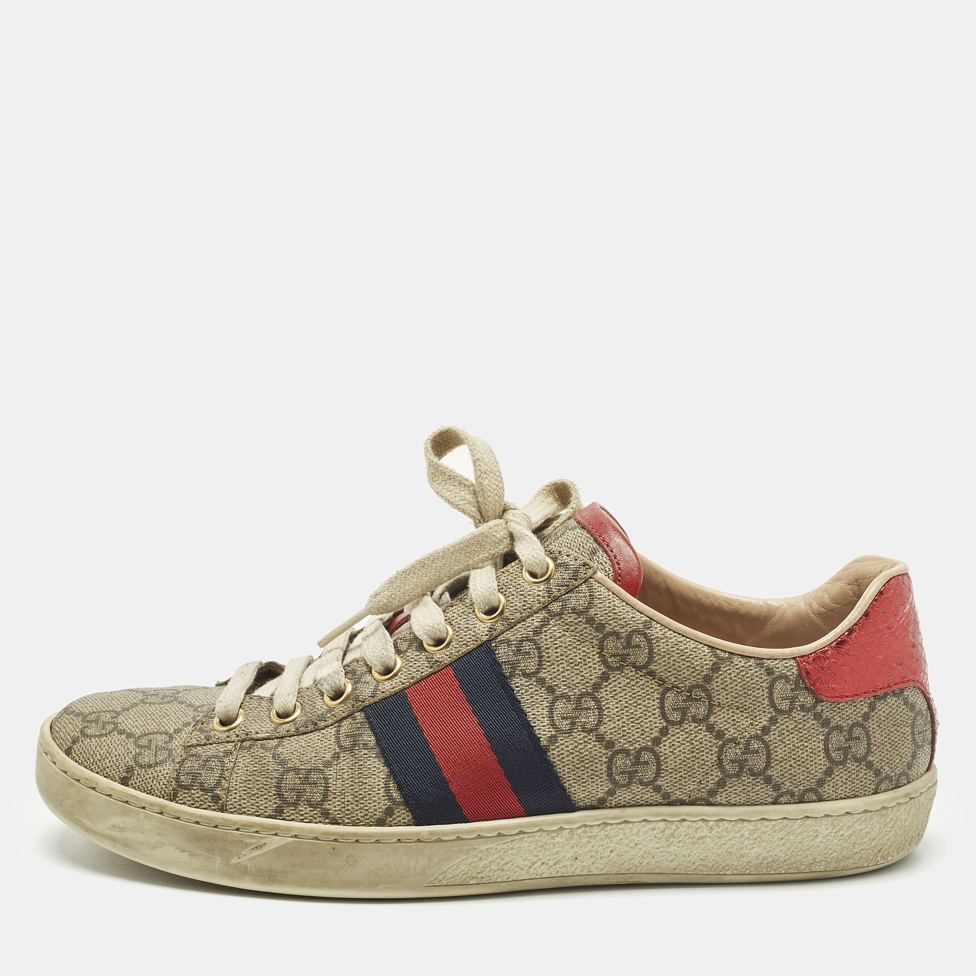 Pre-owned Gucci Ace Size 37 Beige Gg Supreme Canvas Low Top Sneakers In Sand
