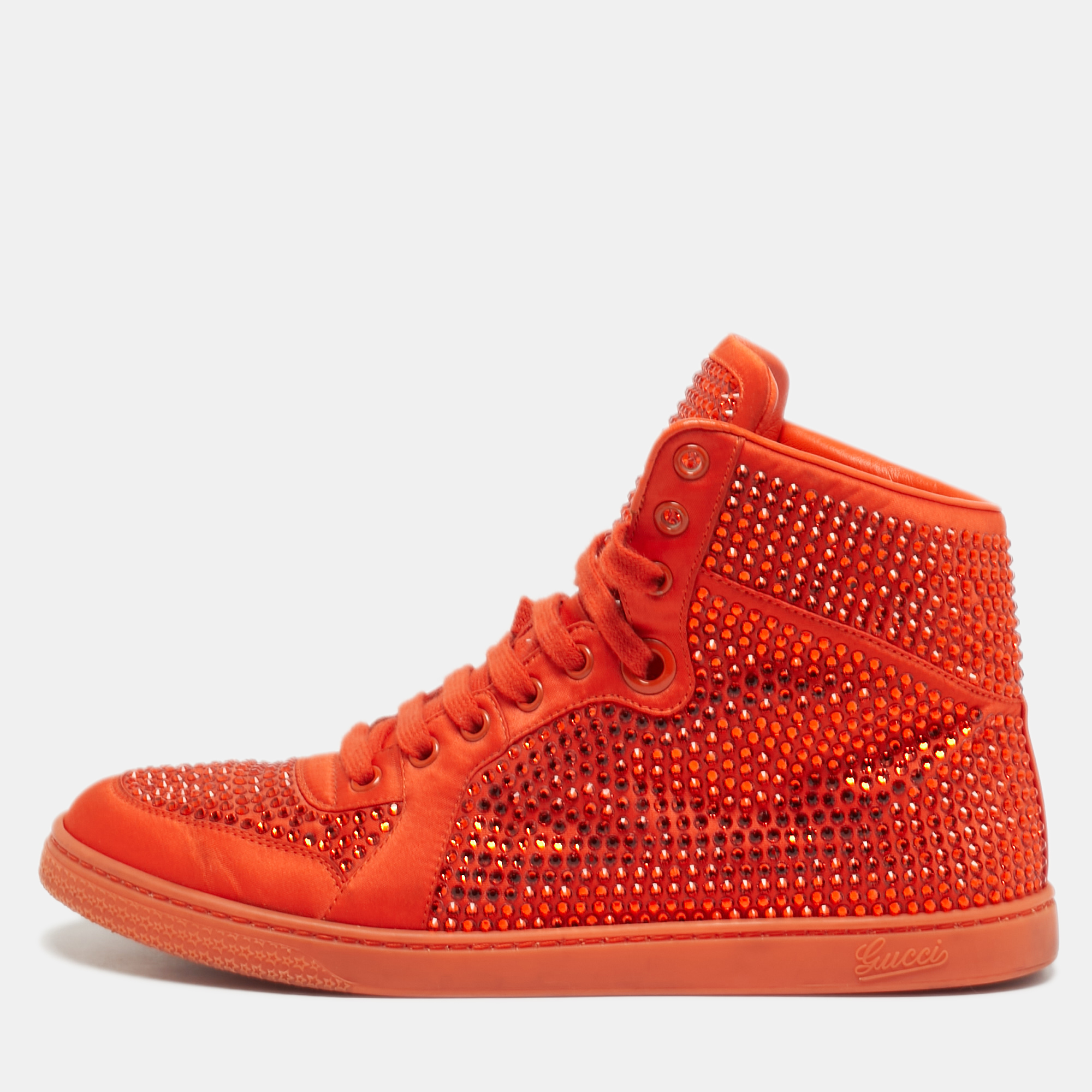 

Gucci Size  Orange Satin Crystal Studs High Top Sneakers