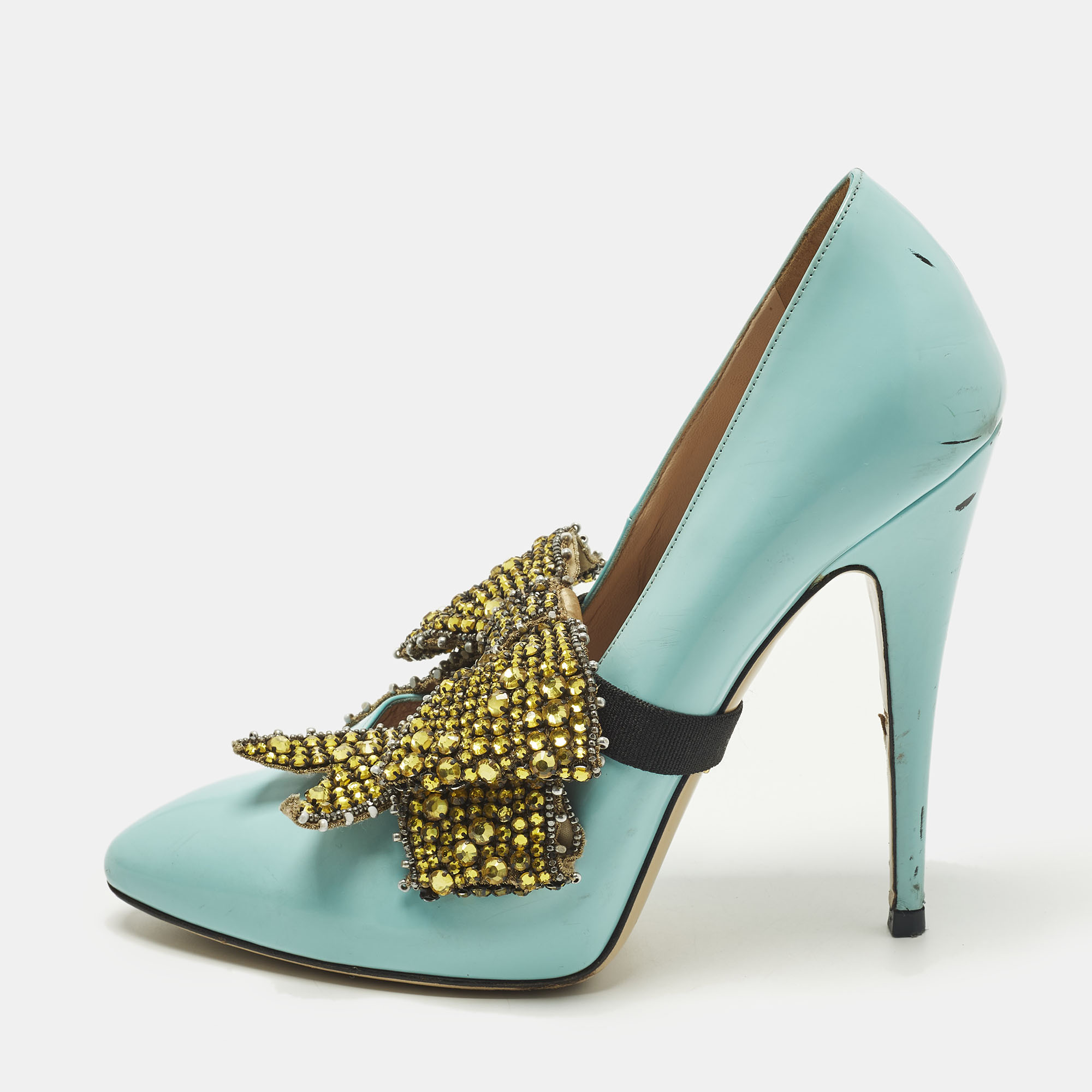 

Gucci Elaisa Size  Blue Leather Crystal Embellished Pumps