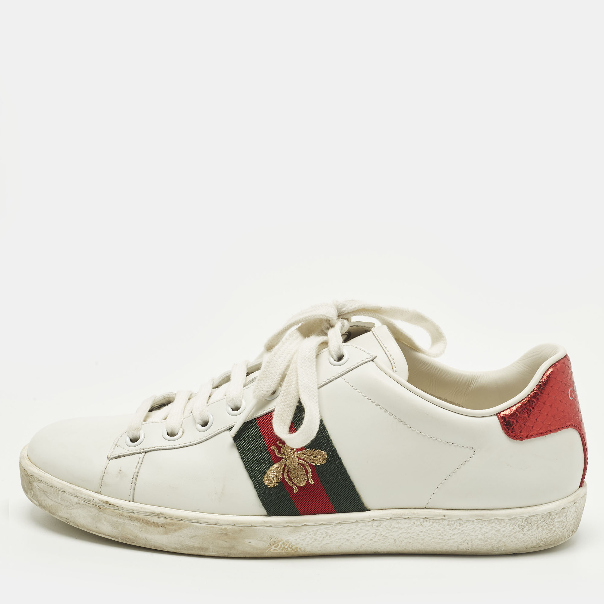Pre-owned Gucci Ace Size 38 White Leather Low Top Sneakers