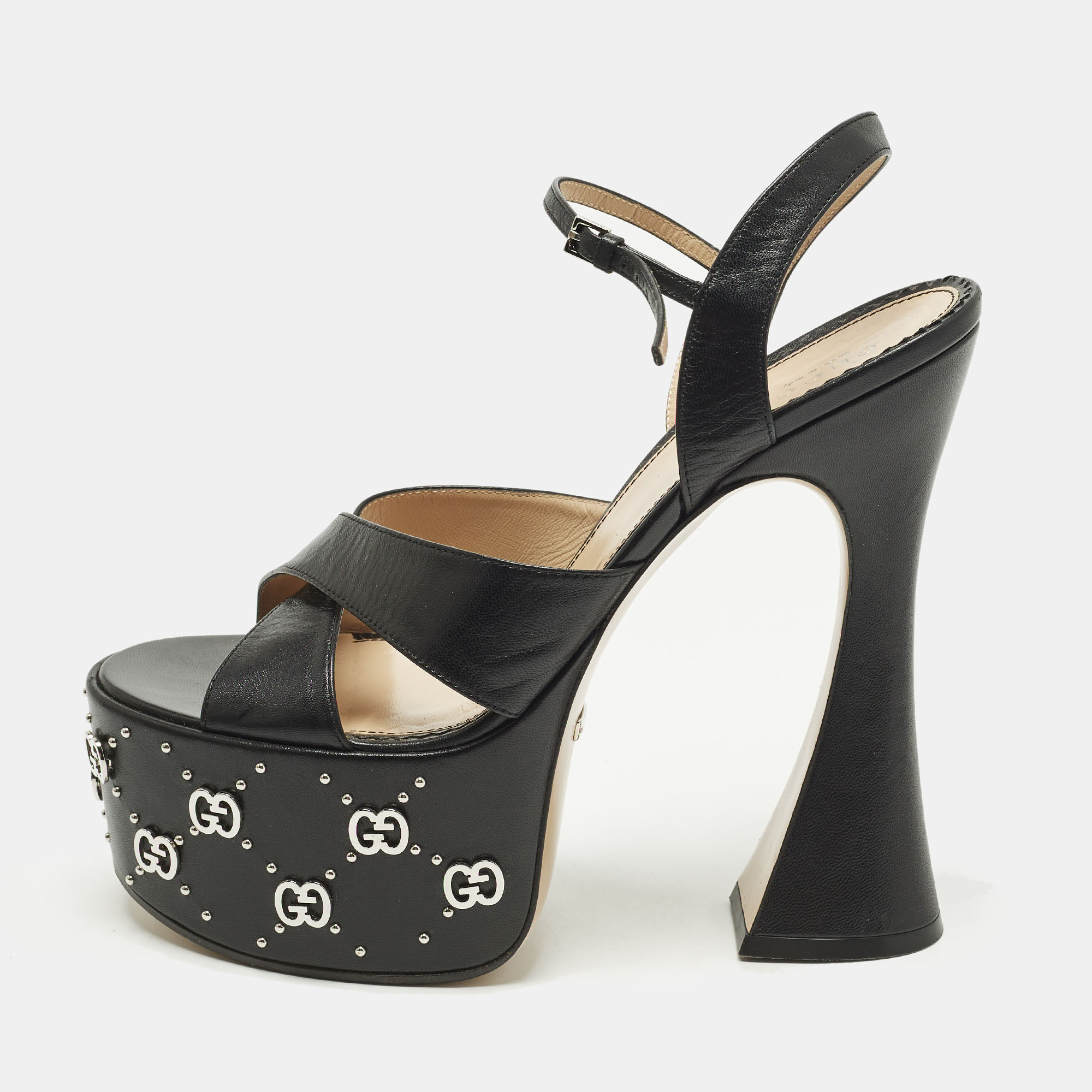 

Gucci Size  Black Leather GG Embellished Platform Ankle Strap Sandals