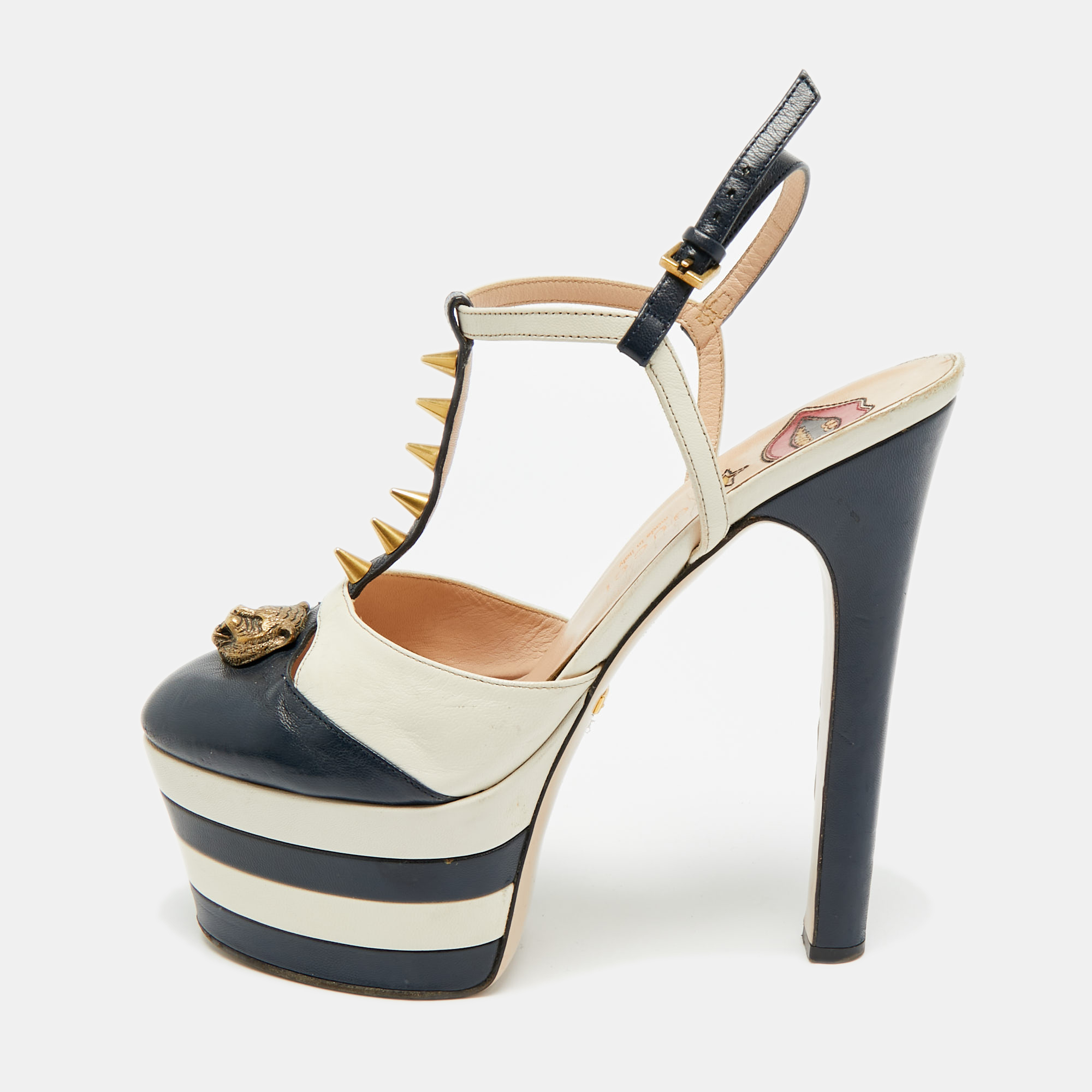 Pre-owned Gucci Angel Size 39 Navy Blue/cream Leather Spikes Embellished Platform Pumps