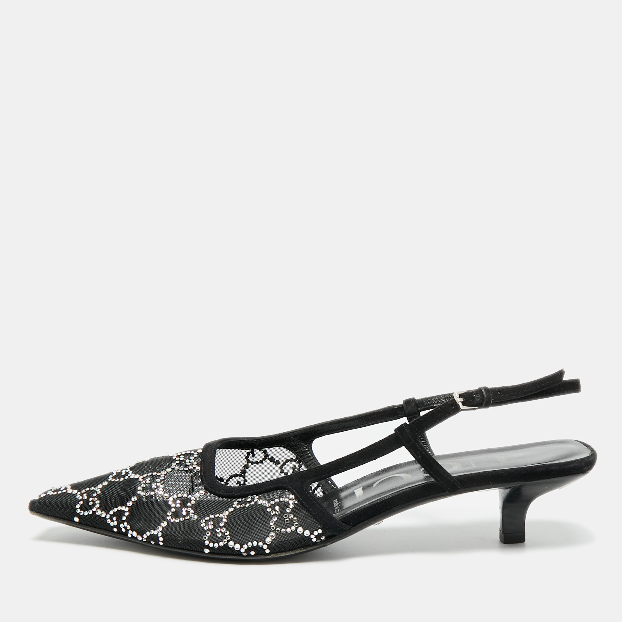 

Gucci Size  Black Mesh and Suede GG Crystal Embellished Slingback Pumps