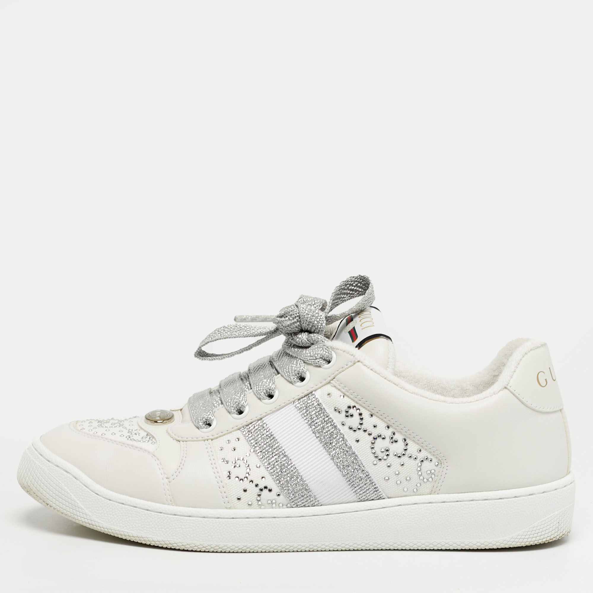 

Gucci Screener Size  White Canvas and Leather Crystal Embellished Lace Up Sneakers