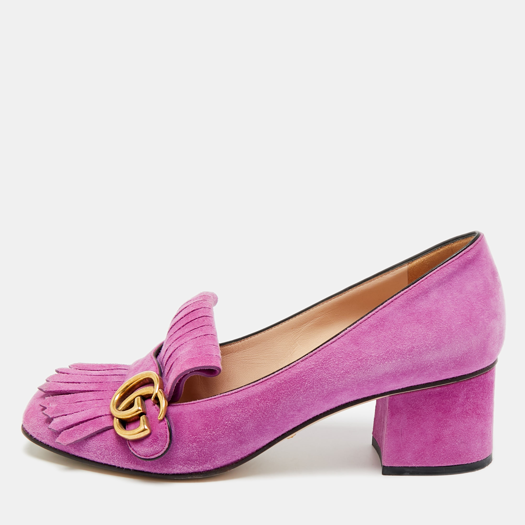 

Gucci GG Marmont Size  Purple Suede Fringe Block Heel Pumps