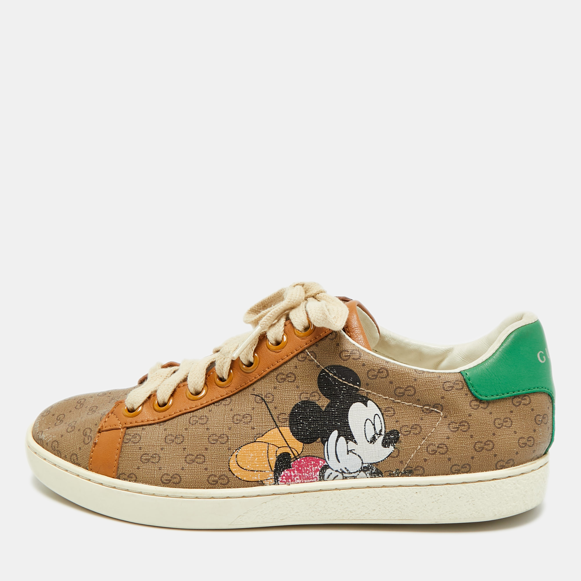 Click to view more detailed imagery on our partner's website Pre-owned Gucci X Disney Ace Size 37 Brown Coated Canvas And Leather Lace Up Sneakers