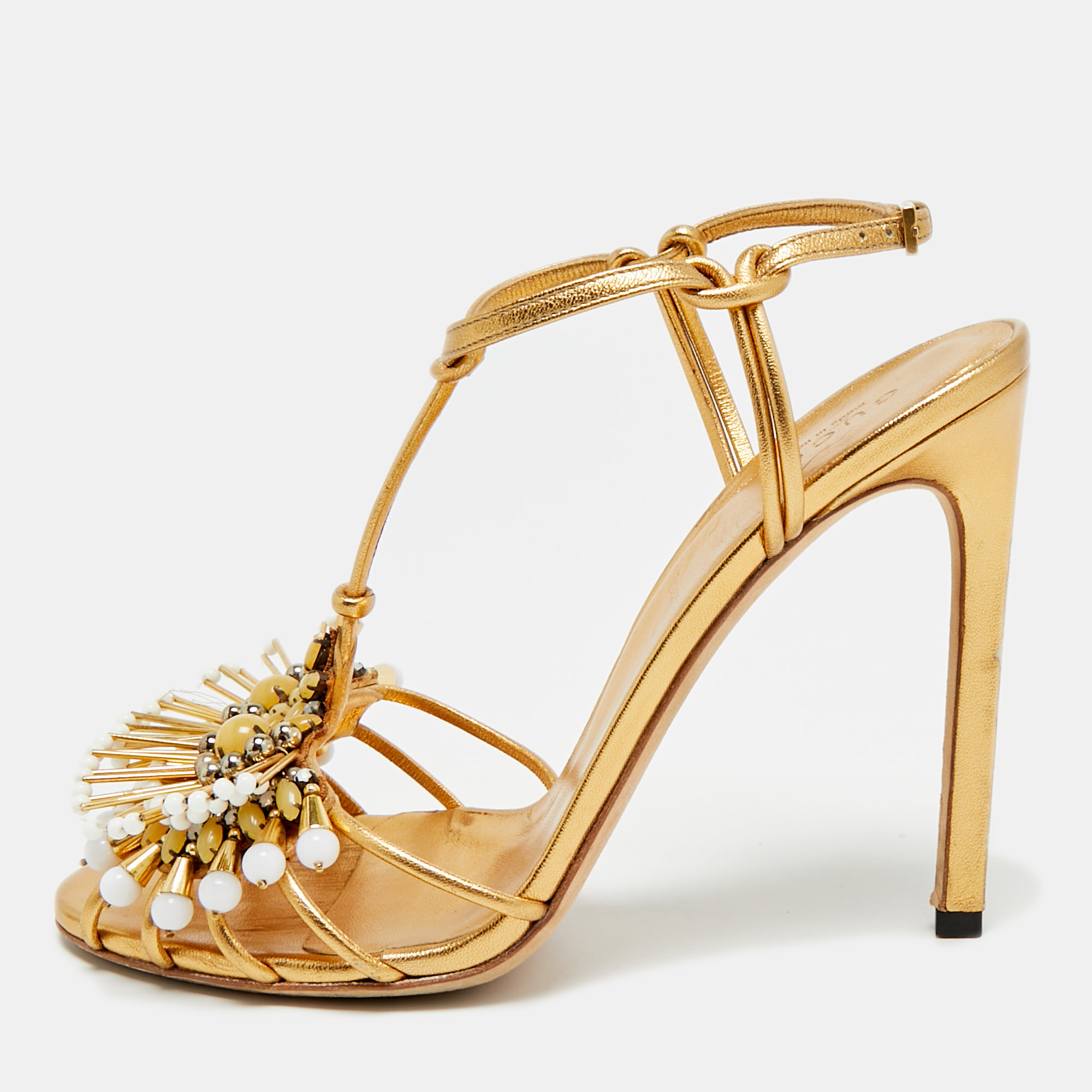 

Gucci Phoebe Size  Gold Leather Ankle Strap Sandals