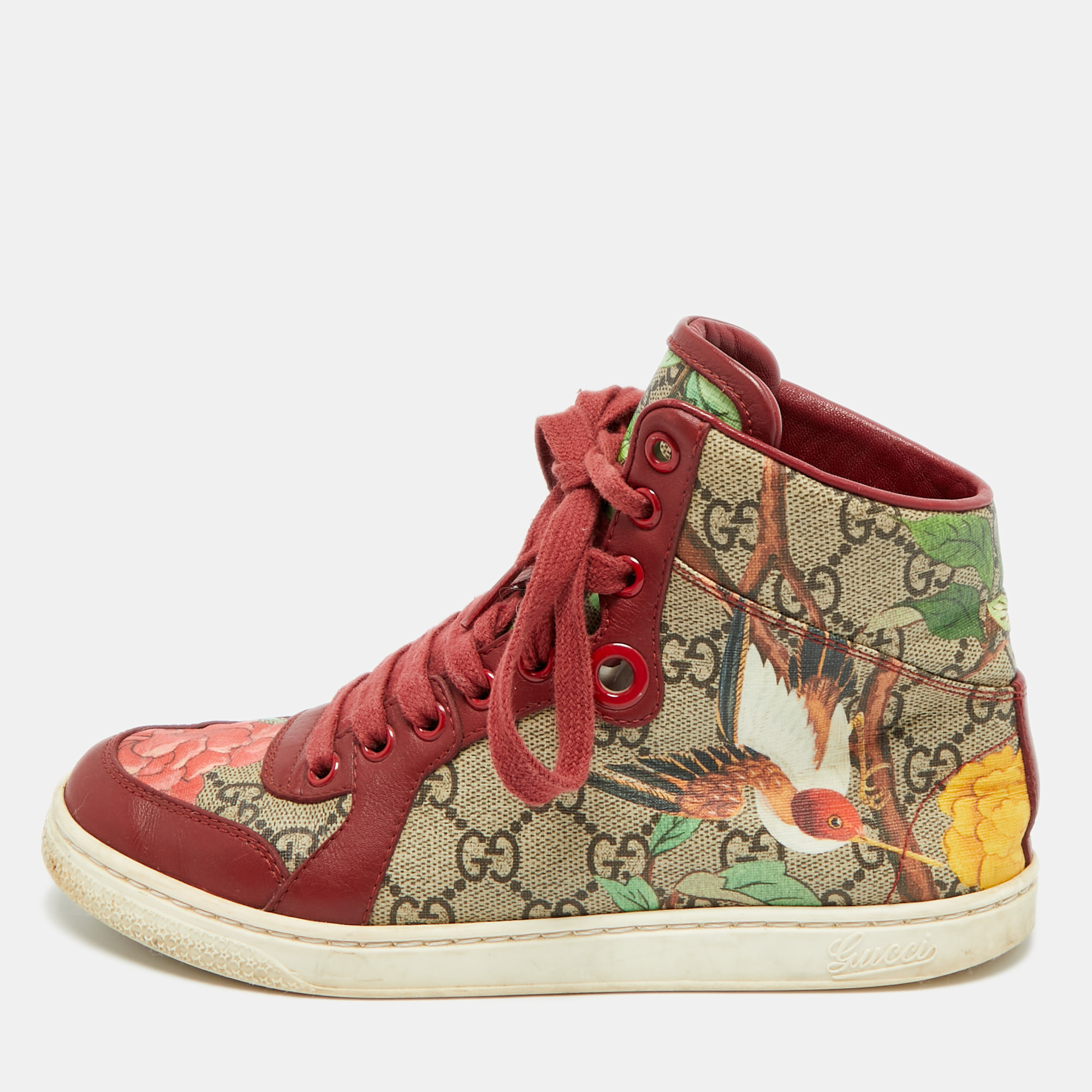 

Gucci Size  Floral GG Monogram Canvas and Leather High Top Sneakers, Multicolor