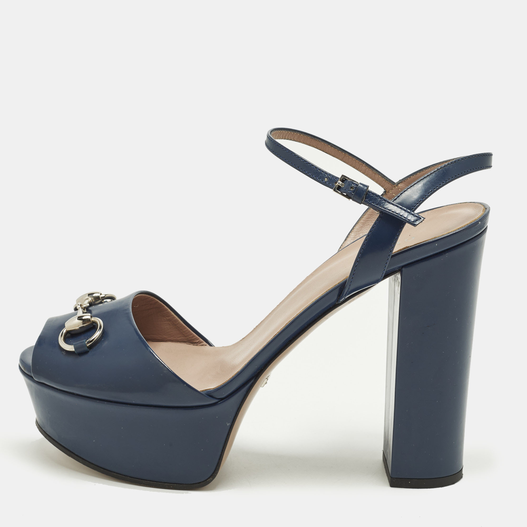 

Gucci Claudie Horsebit Size  Blue Patent Leather Ankle Strap Sandals