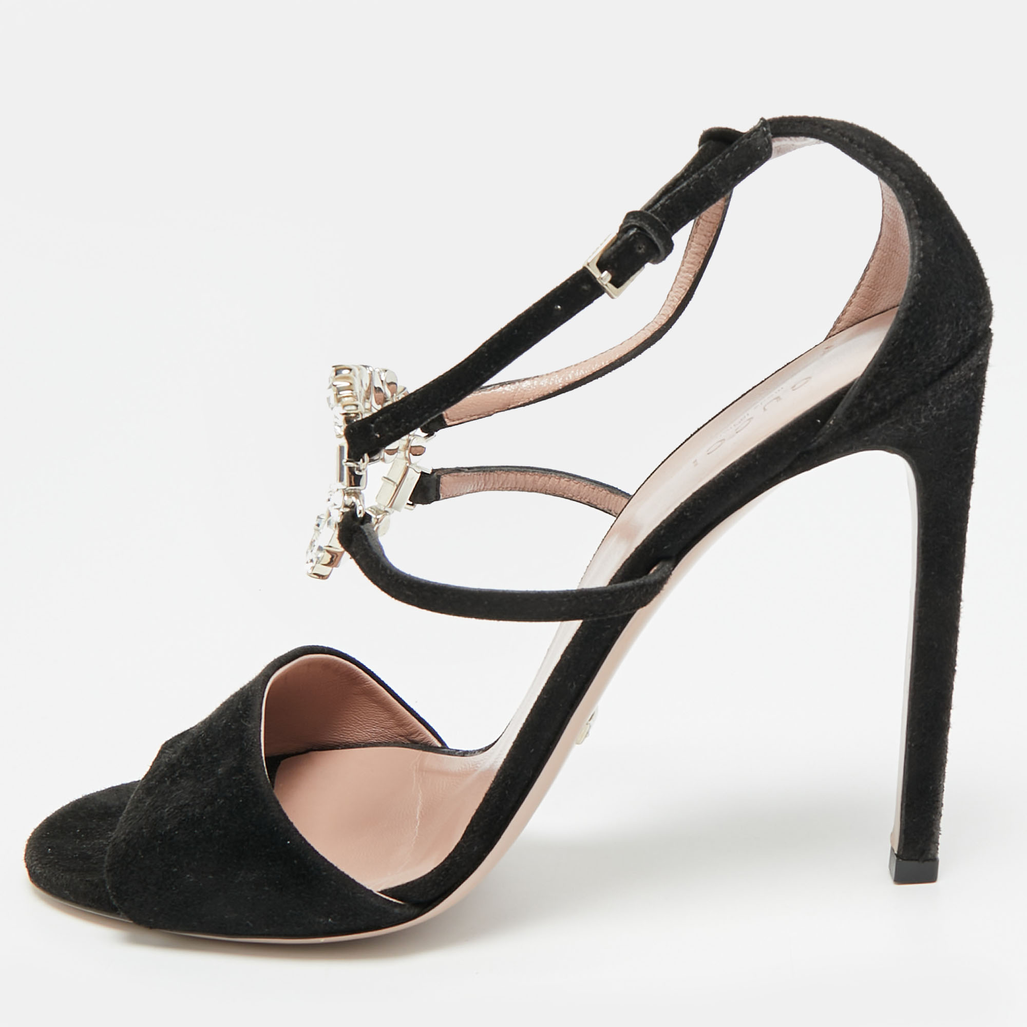 

Gucci GG Size  Black Suede Crystal Embellished GG Interlock Ankle Strap Sandals