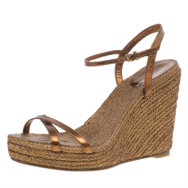 Pre Owned Gucci Bronze Lia Espadrilles Wedge Sandals Size 38