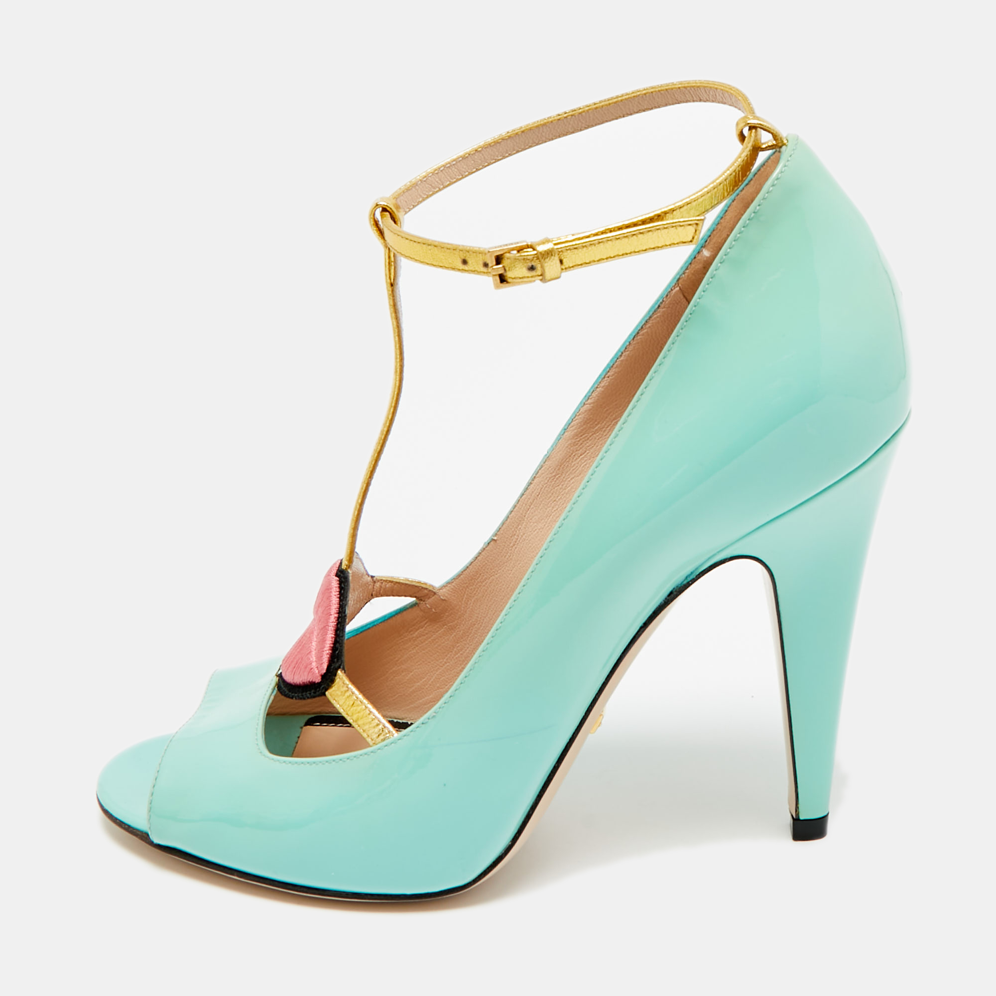 Pre-owned Gucci Molina Size 38 Light Turquoise/gold Patent And Leather T-strap Pumps In Blue