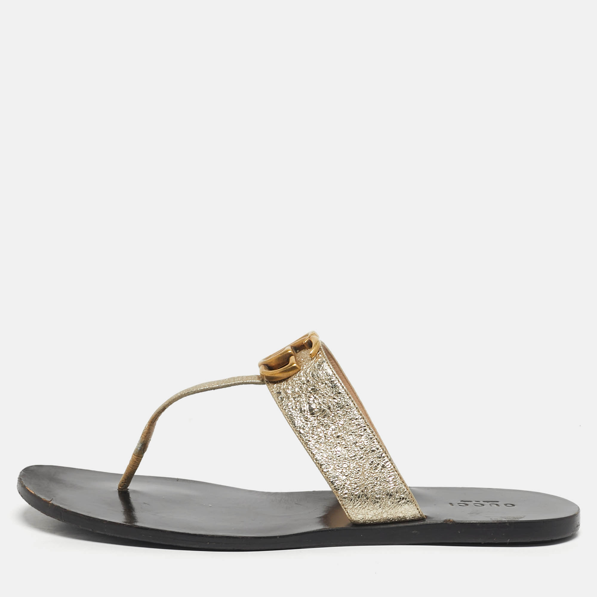 

Gucci GG Marmont Size  Gold Foil Leather Thong Flats Slide