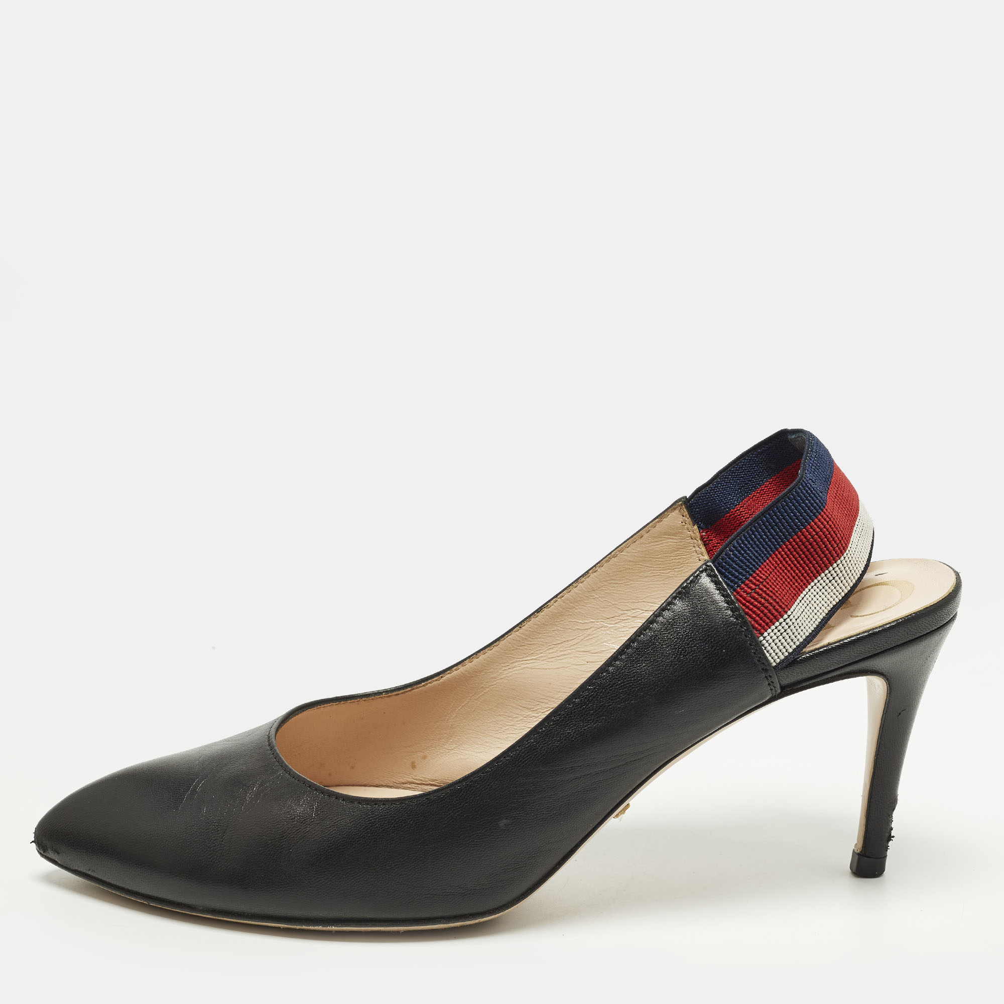 

Gucci Sylvie Size  Black Leather Web Slingback Pumps