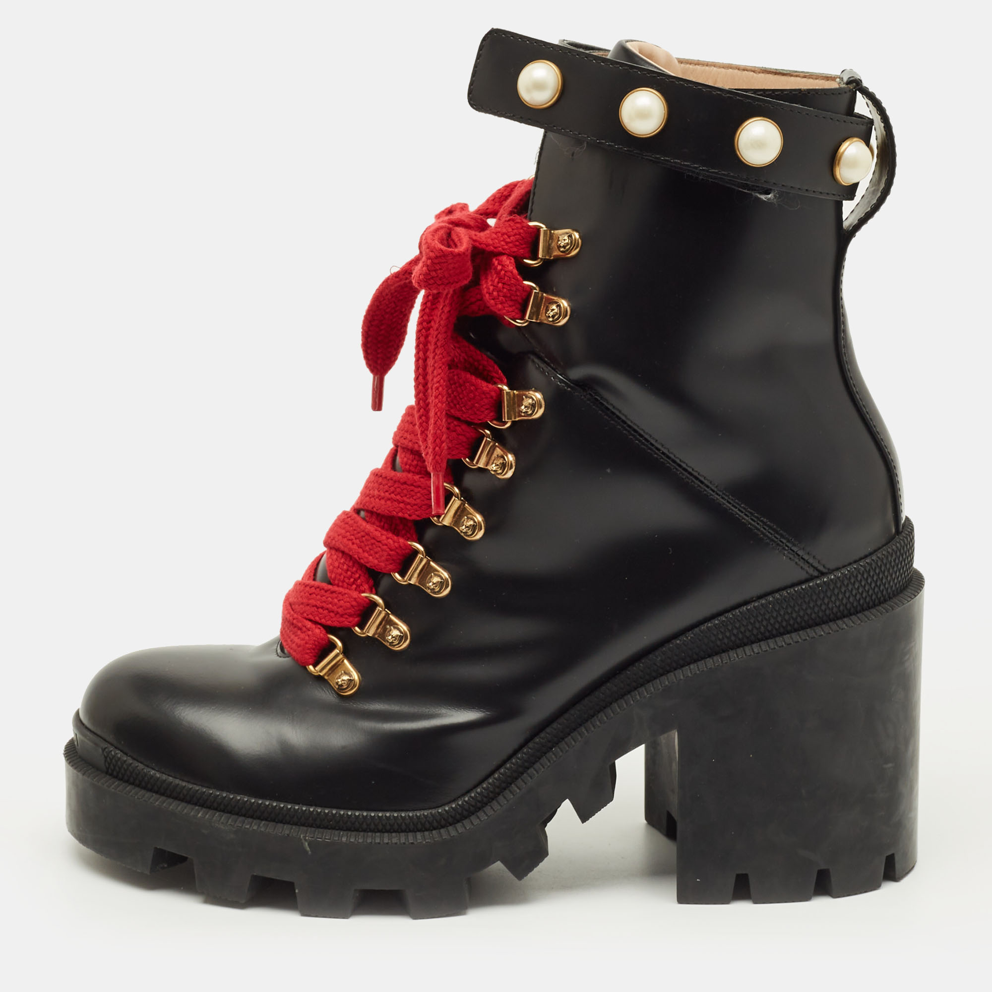 

Gucci Size  Black Leather Faux Pearl Embellished Ankle Length Boots