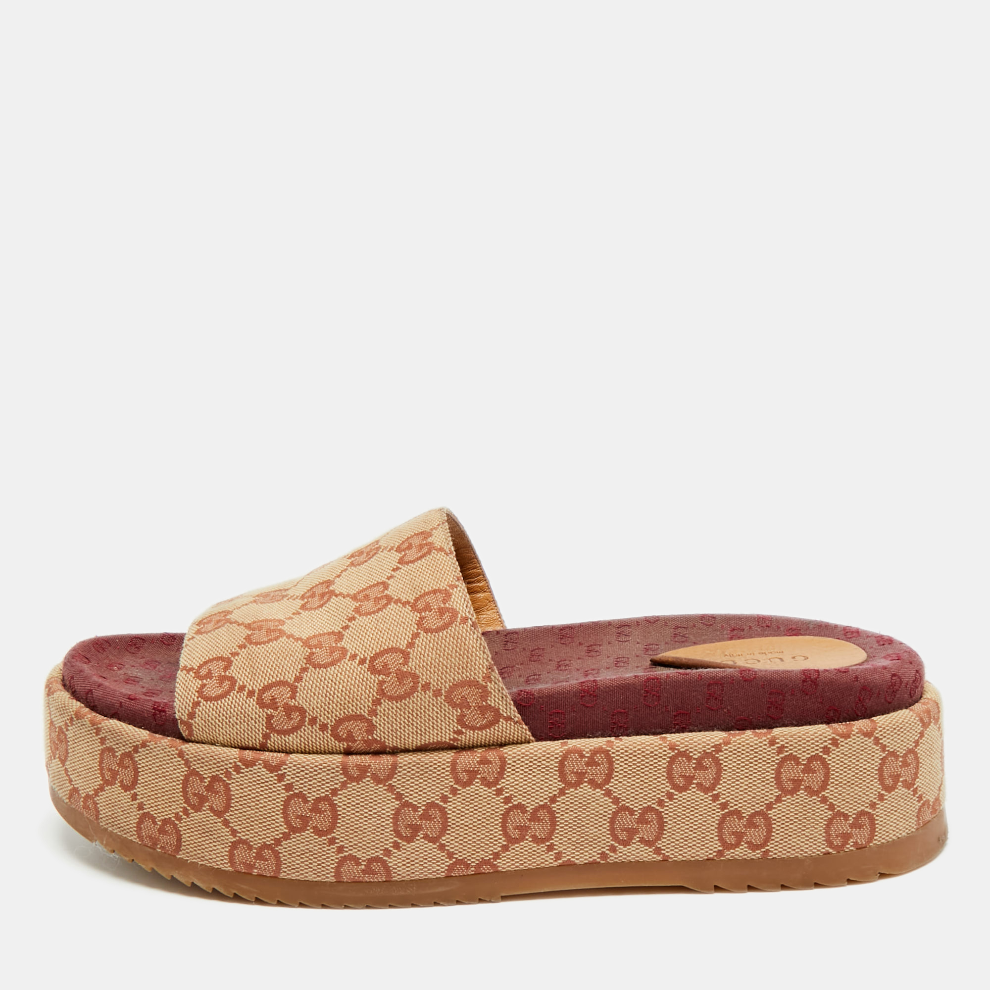 

Gucci GG Size  Burgundy/Beige Canvas Platform Slide Sandals