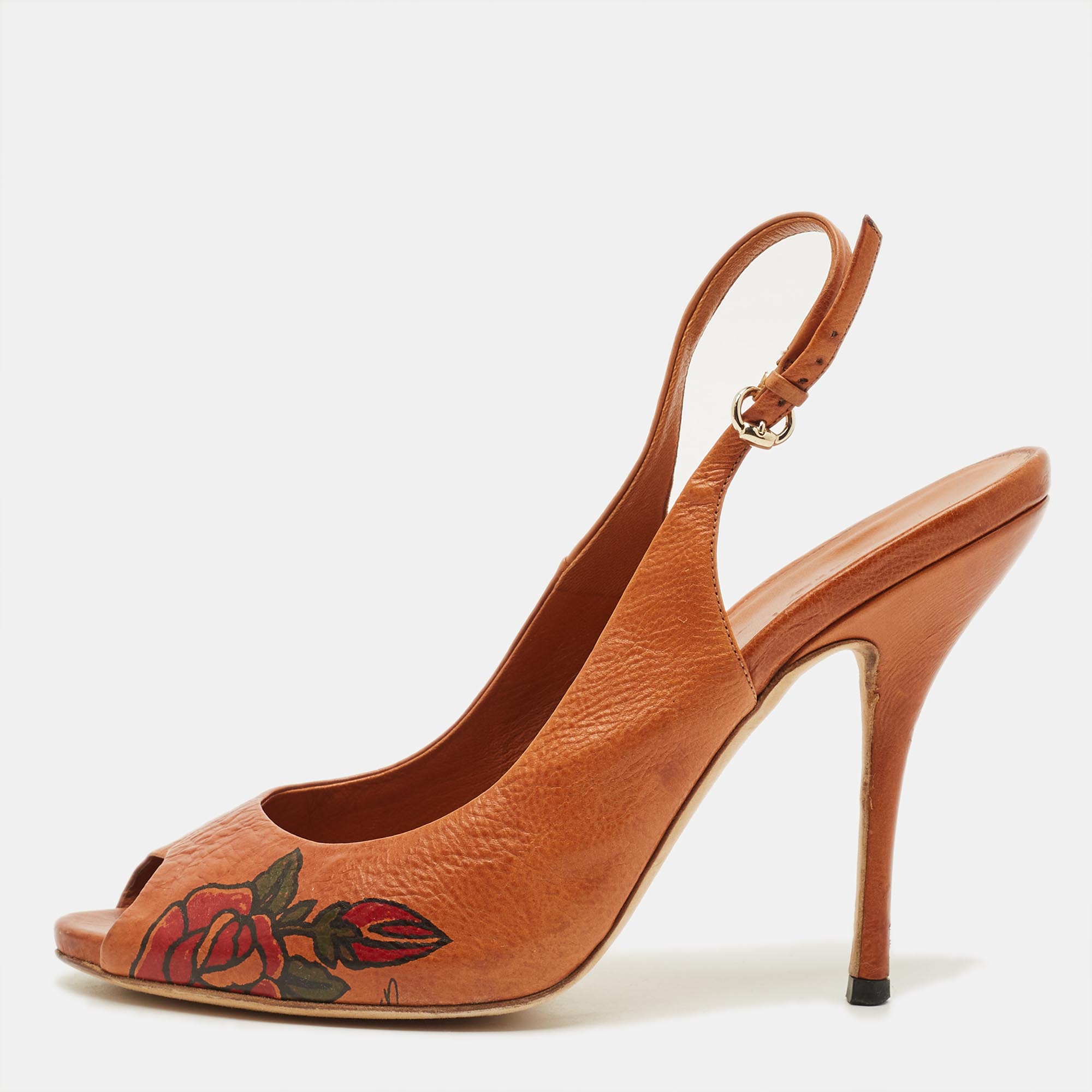 

Gucci Size  Brown Leather Peep Toe Slingback Pumps