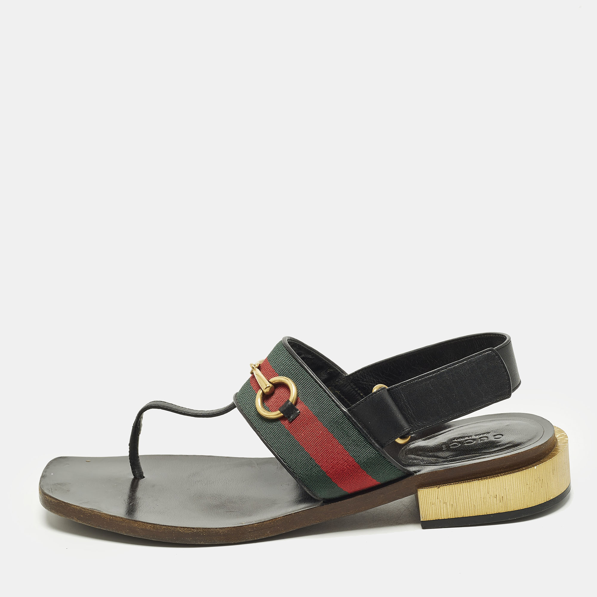 

Gucci GG Web Size  Black Leather Horse bit Thong Slingback Flat Sandals