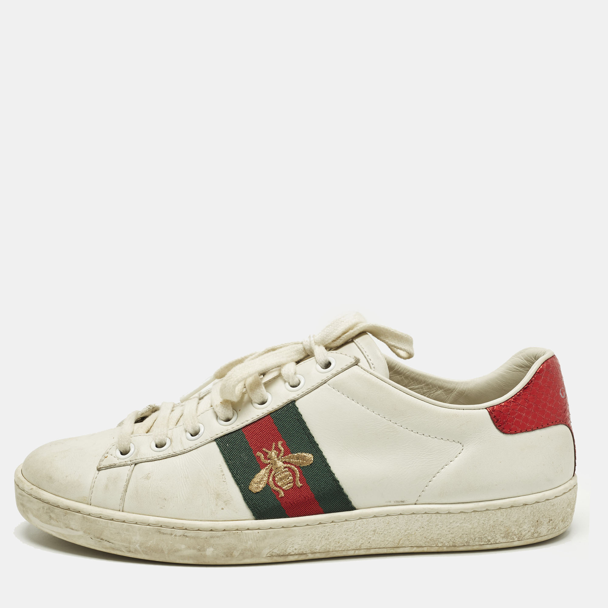 

Gucci Ace Web Size  White Leather and Python Embossed Low Top Sneakers