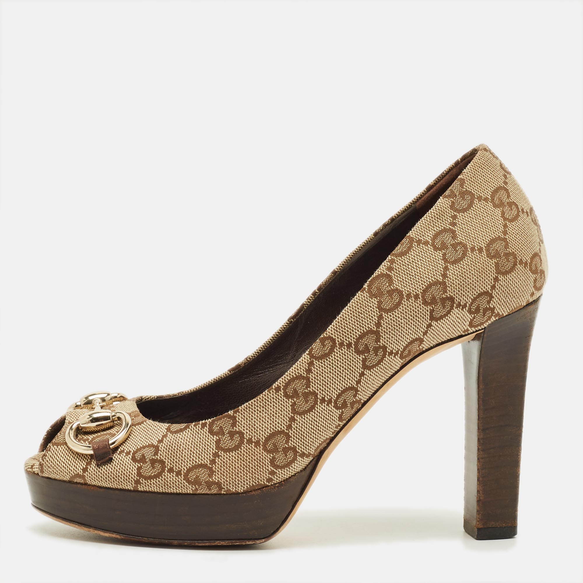 

Gucci Hollywood Size  Beige Canvas Horsebit Peep Toe Pumps