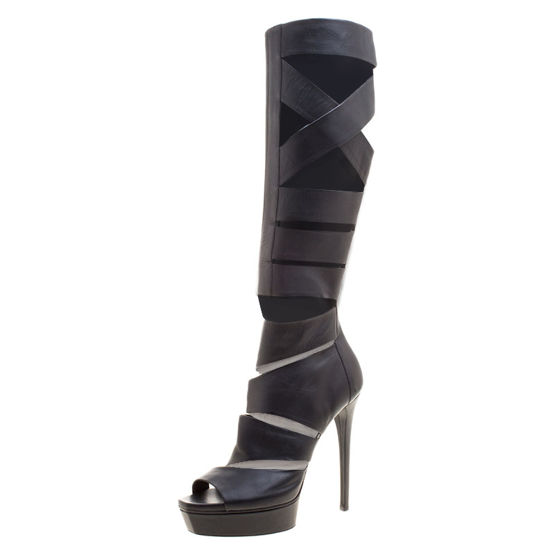 Gucci Black Leather Helena Gladiator Platform Knee High Boots Size 39.5