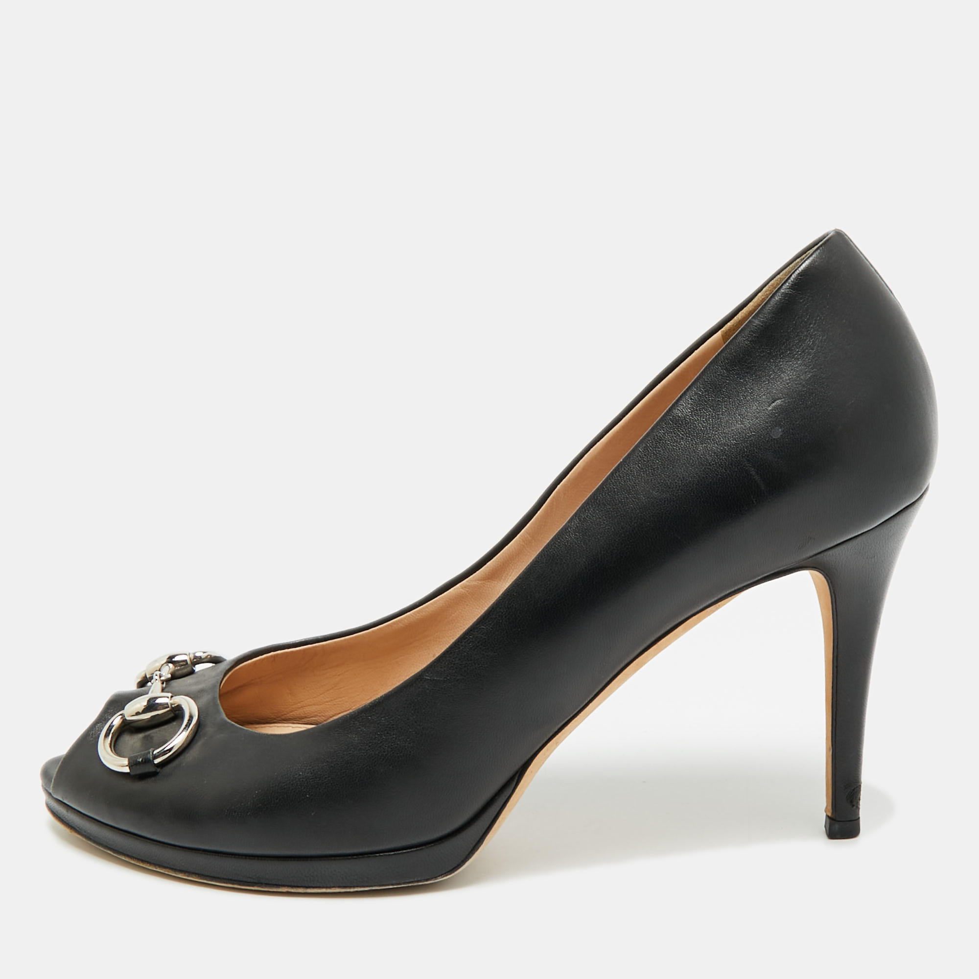 

Gucci Guccissima Size  Black Leather Horsebit Peep Toe Pumps