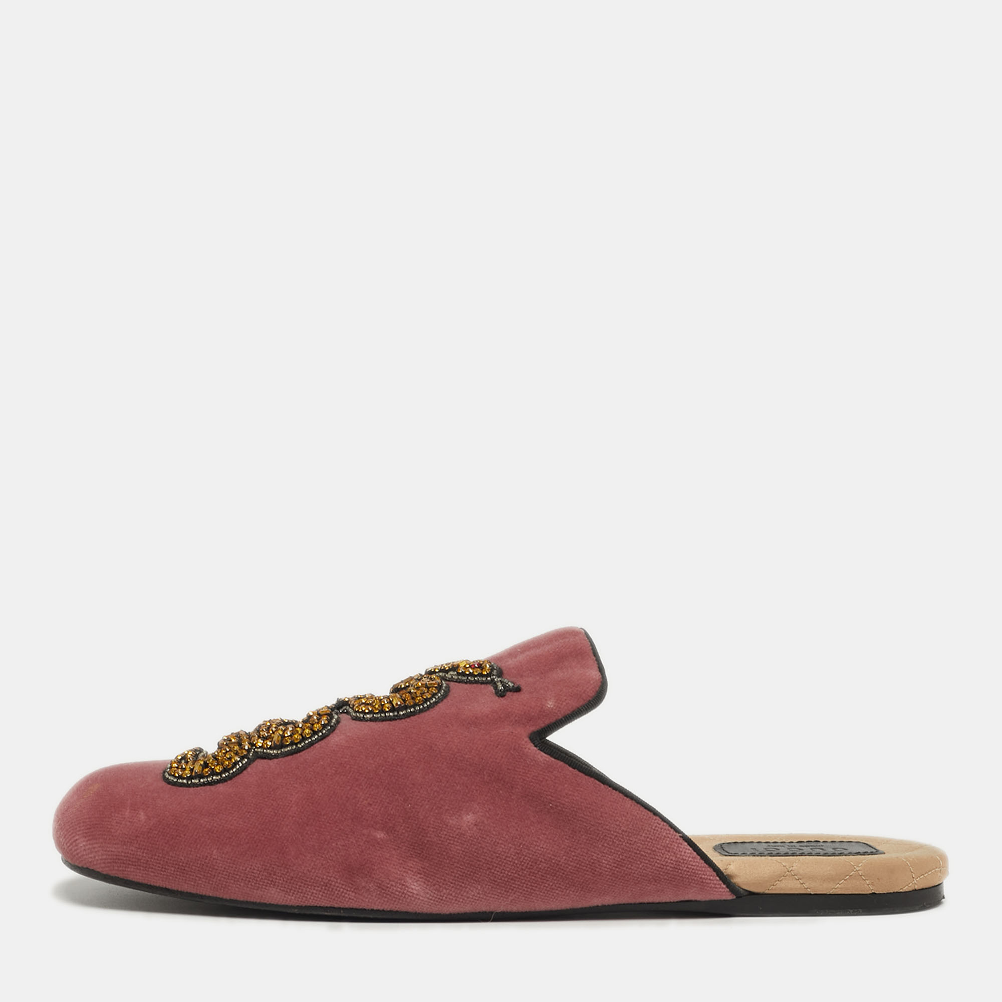 

Gucci Lawrence Size  Pink Velvet Crystal Embellished Flat Mules