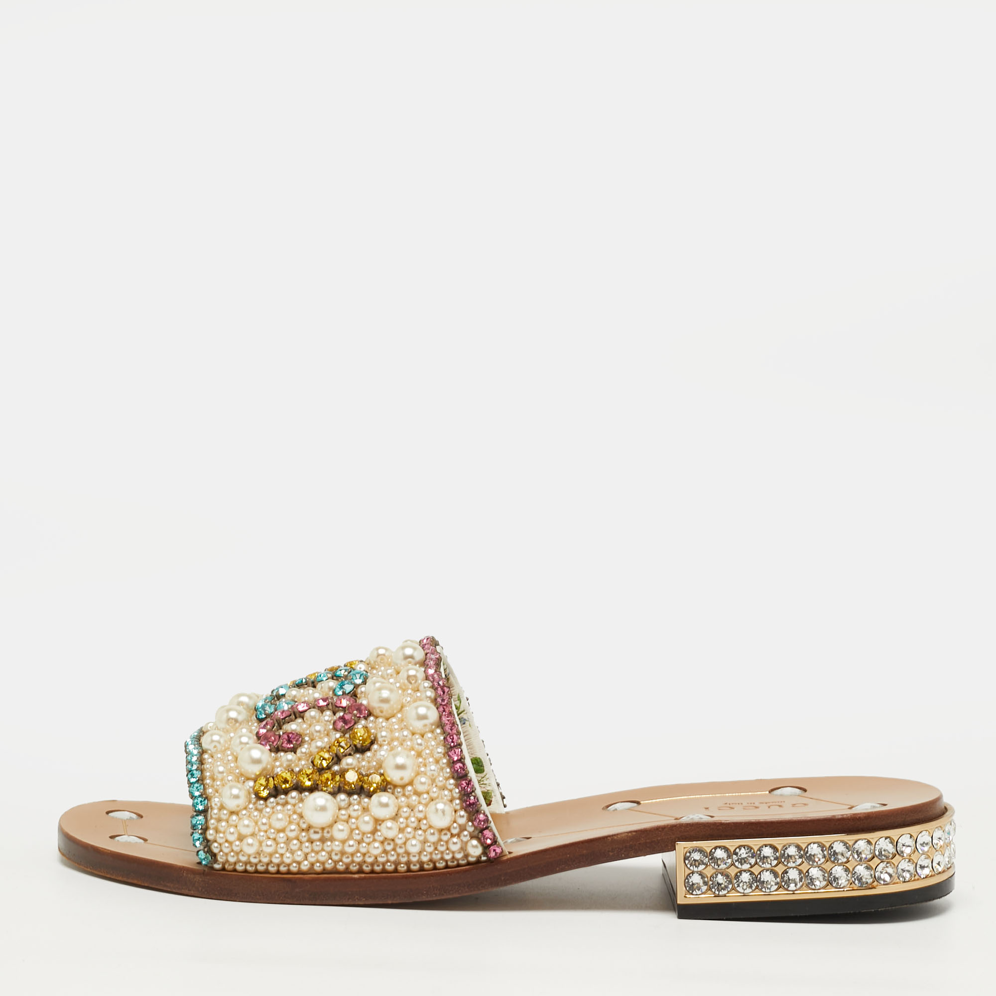

Gucci Size  Multicolor Leather Lupe Guccy Embellished Slide Sandals