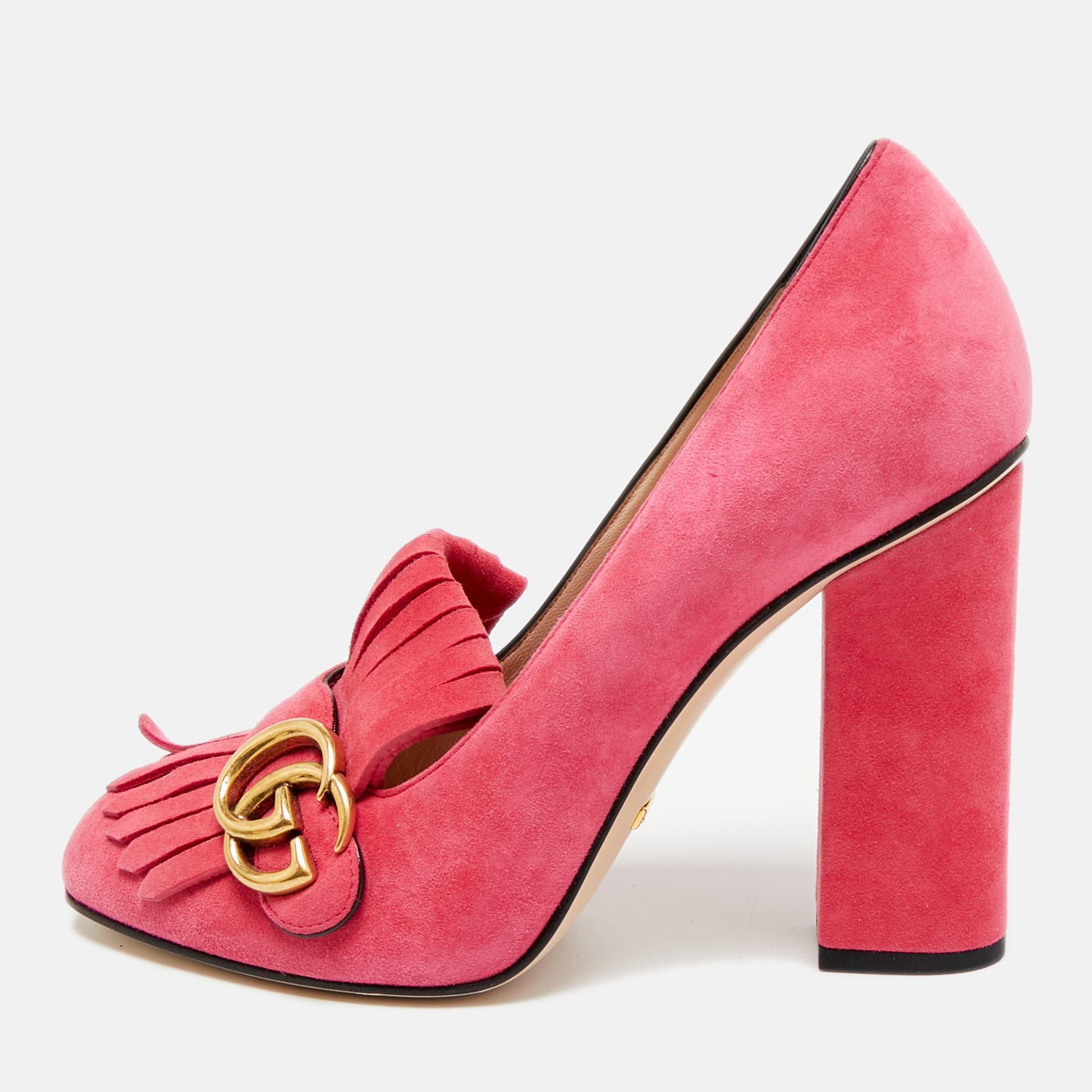 

Gucci GG Marmont Fringe Size  Pink Suede Block Heel Pumps