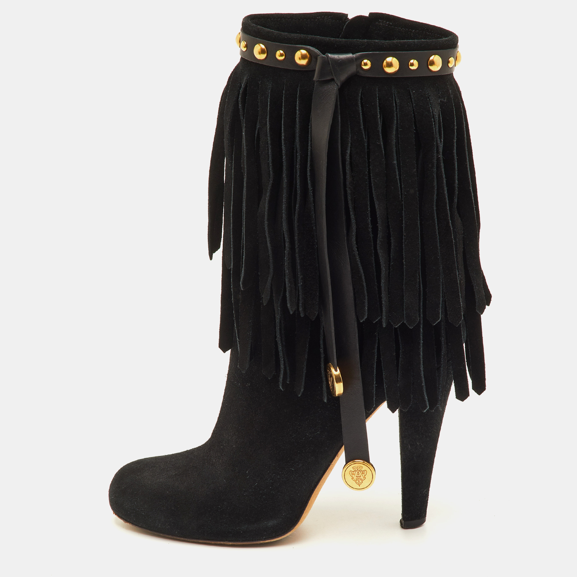 

Gucci Size  Black Suede Studded Fringe Mid Calf Boots