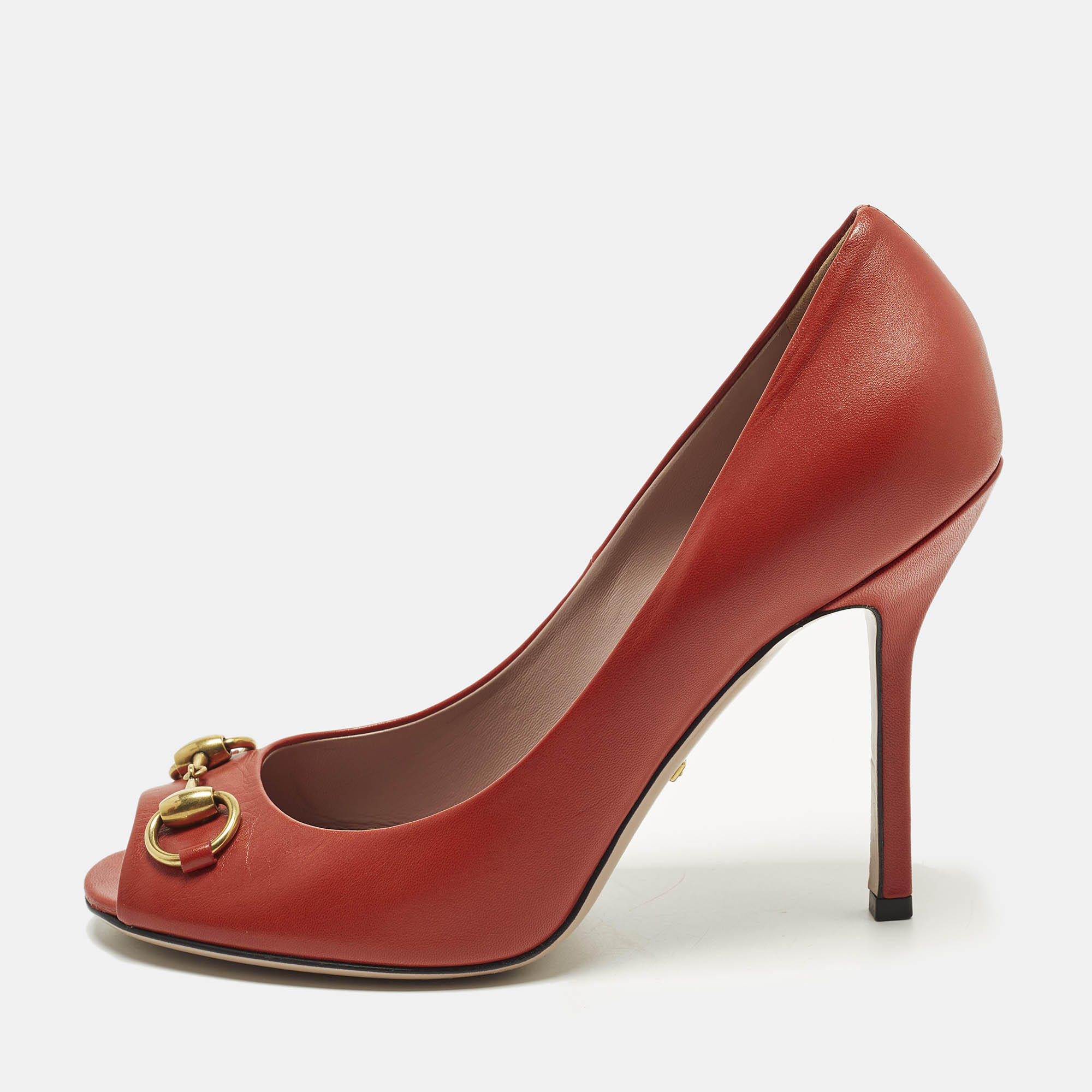 

Gucci Horsebit Size  Orange Leather Peep Toe Pumps