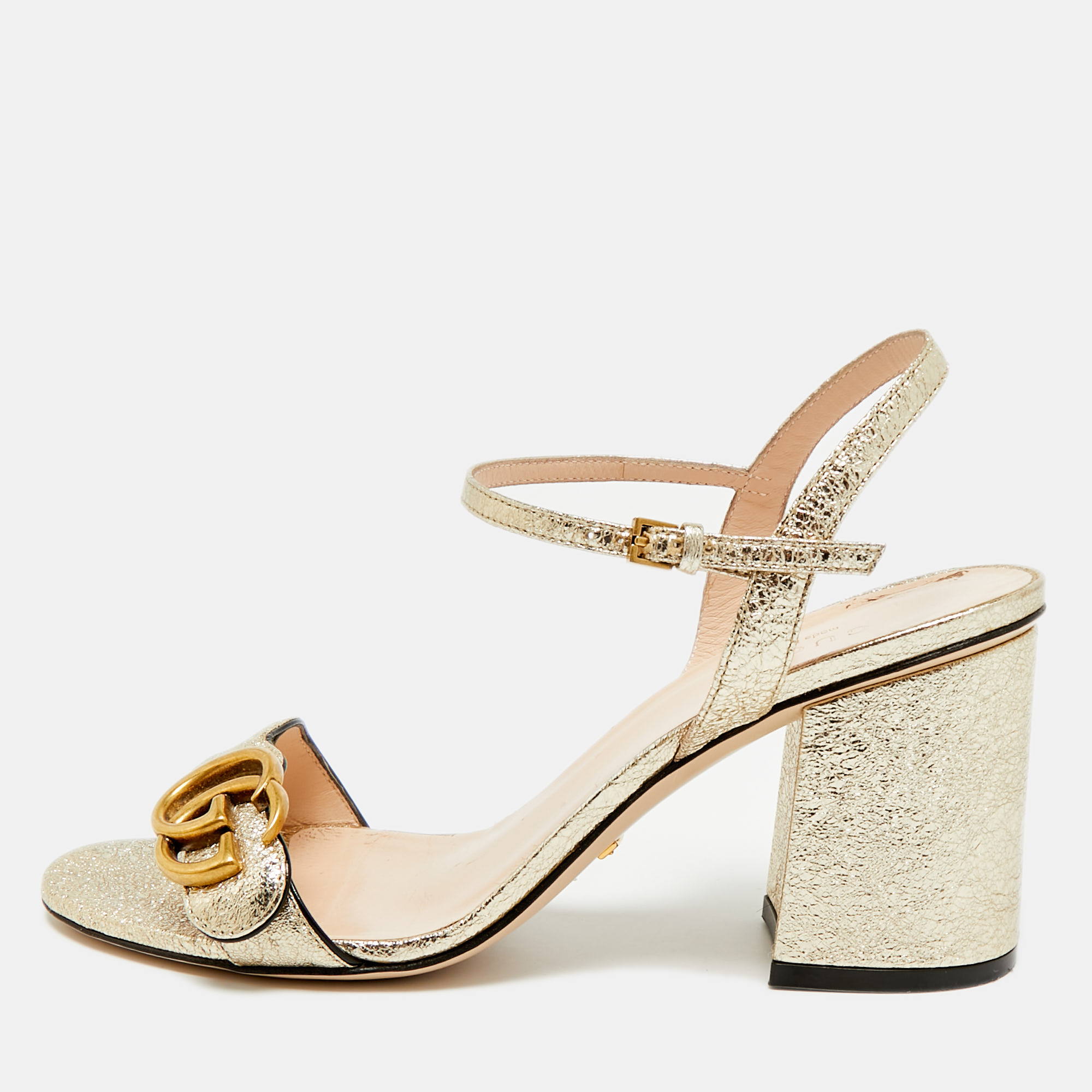 Gucci GG Marmont Size 38 Gold Foil Leather Ankle Strap Block Heel Sandals