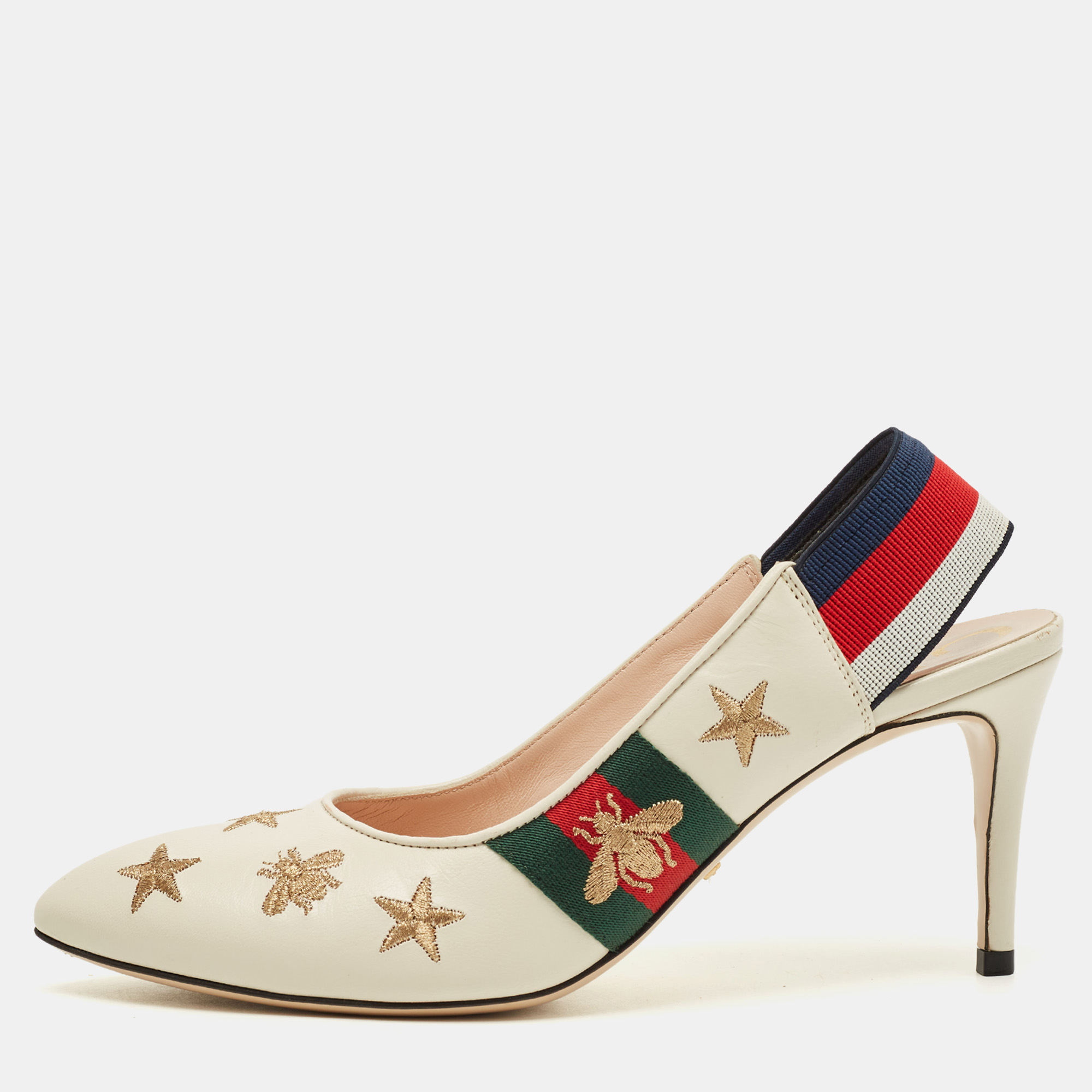 

Gucci Sylvie Star Bee Size  White Leather Slingback Pumps