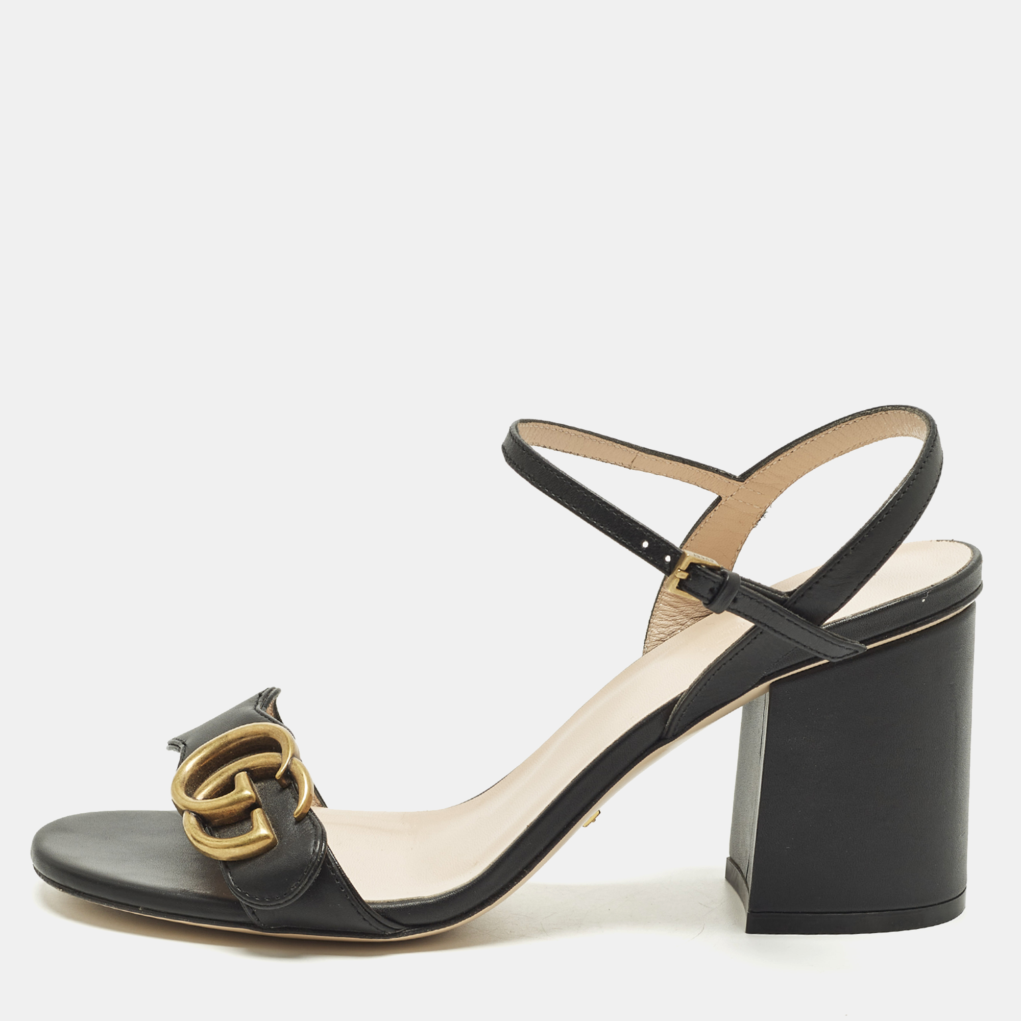 

Gucci GG Marmont Size  Black Leather Ankle Strap Sandals