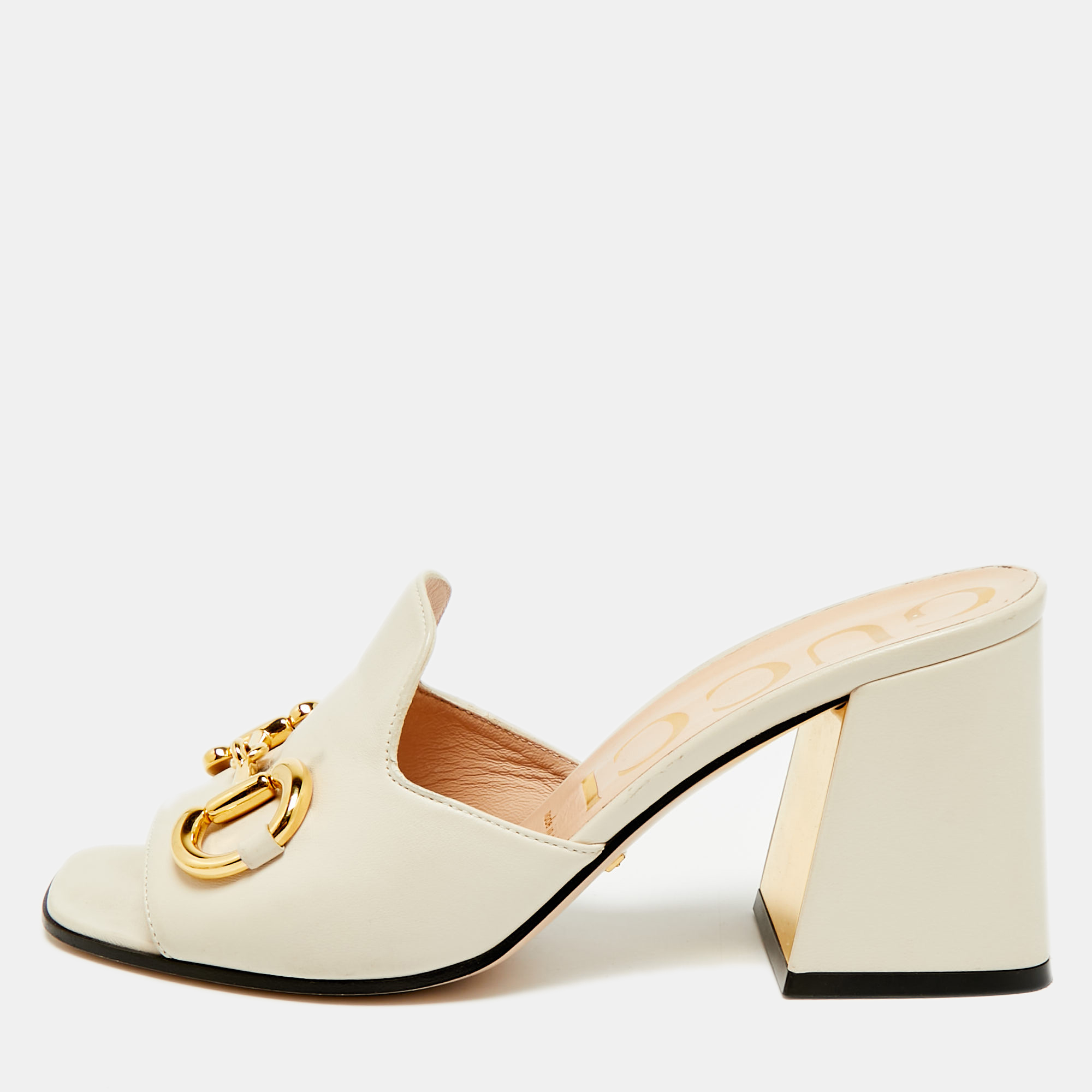 

Gucci Horsebit Size  Cream Leather Block Heel Slide Sandals