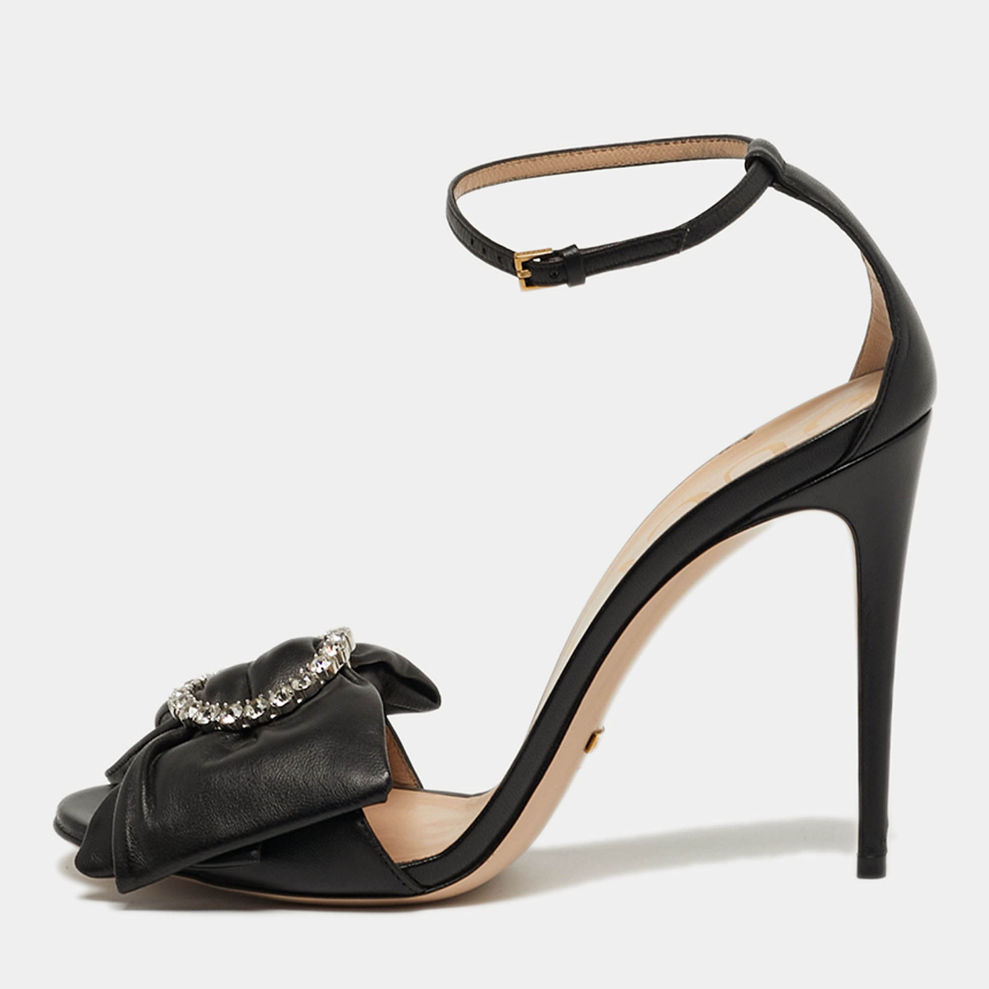 

Gucci Size  Black Leather Bow Crystal Embellished Ankle Strap Sandals