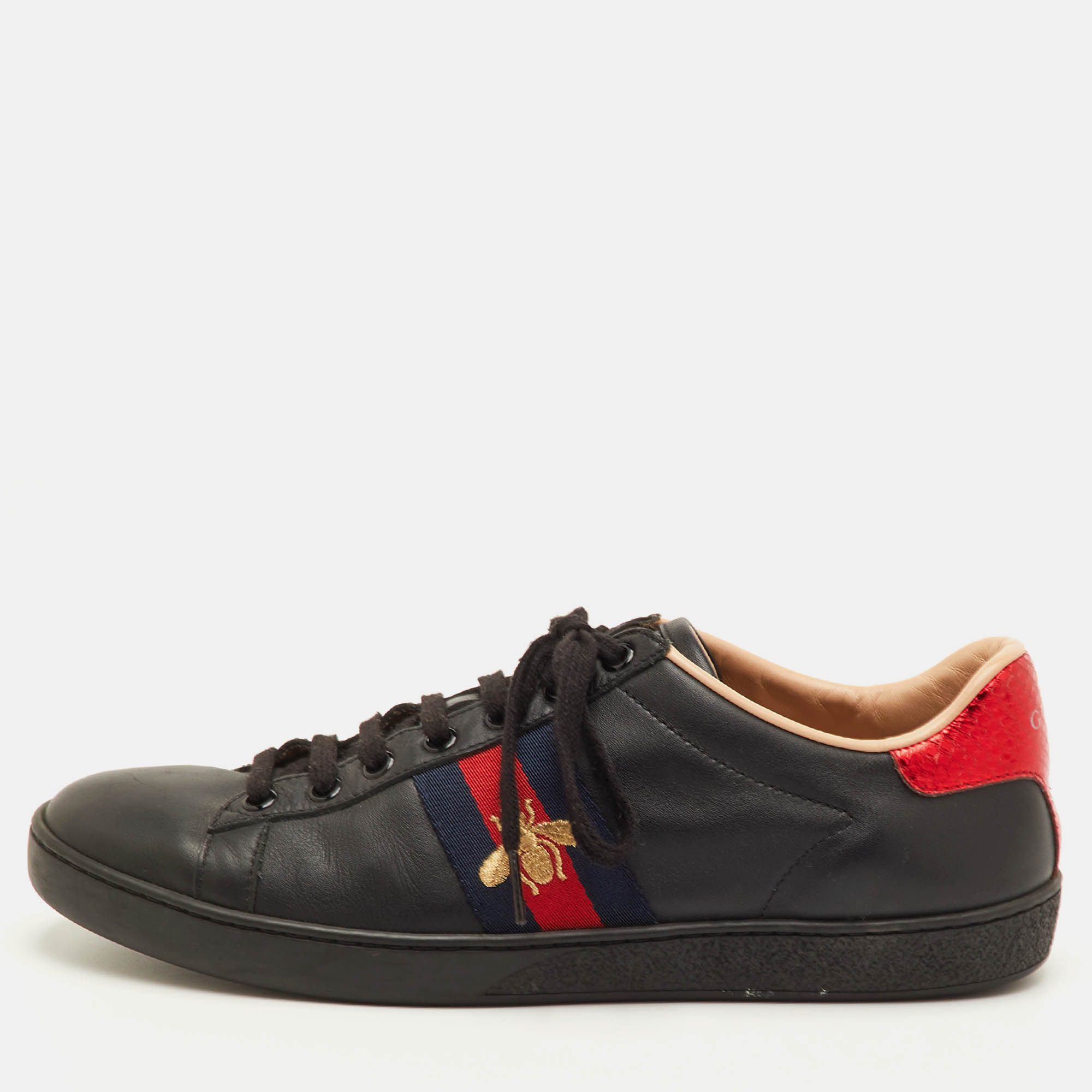 

Gucci Ace Size  Black Leather Bee Embroidered Low Top Sneakers