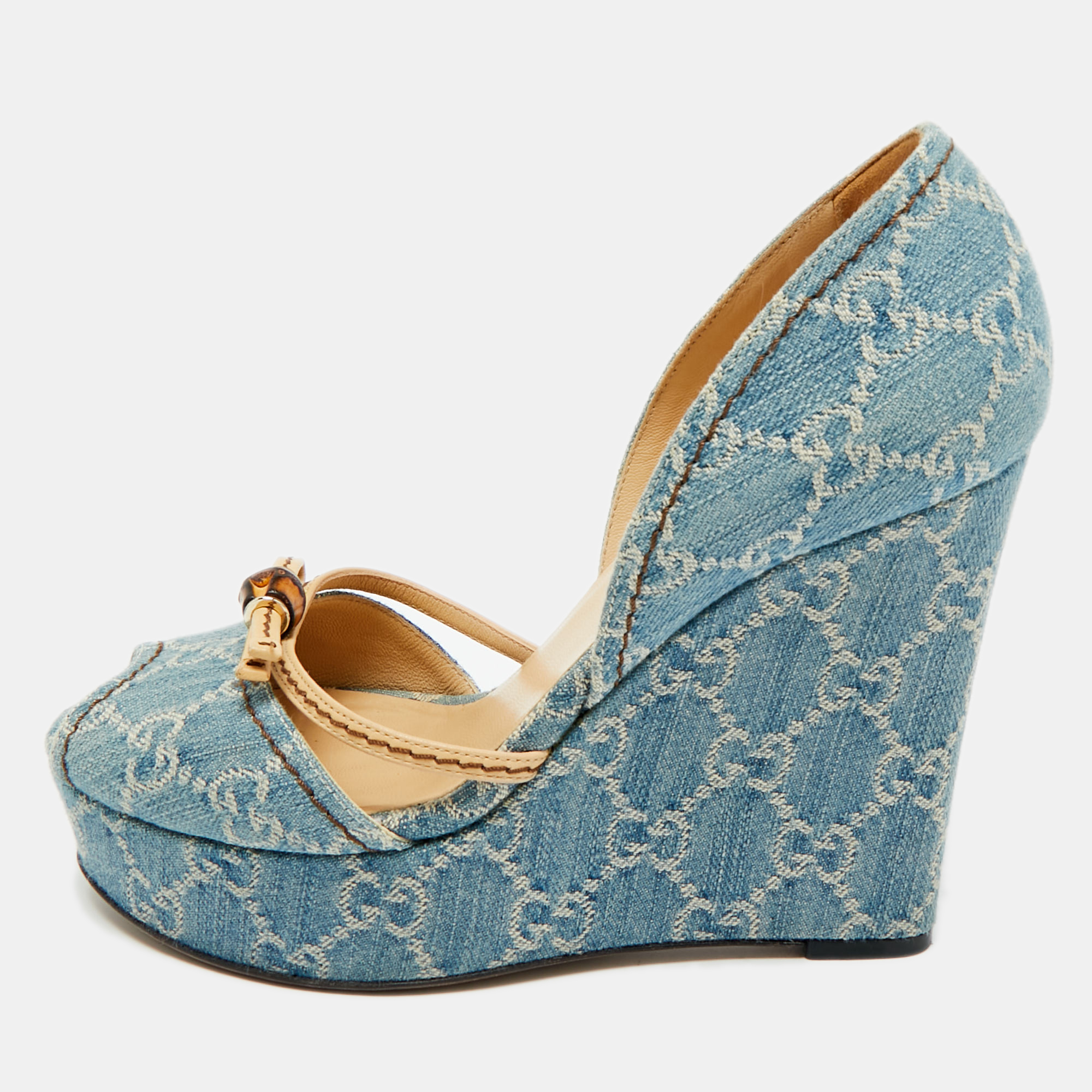 

Gucci GG Size  Blue Bamboo Peep Toe Wedge Pumps