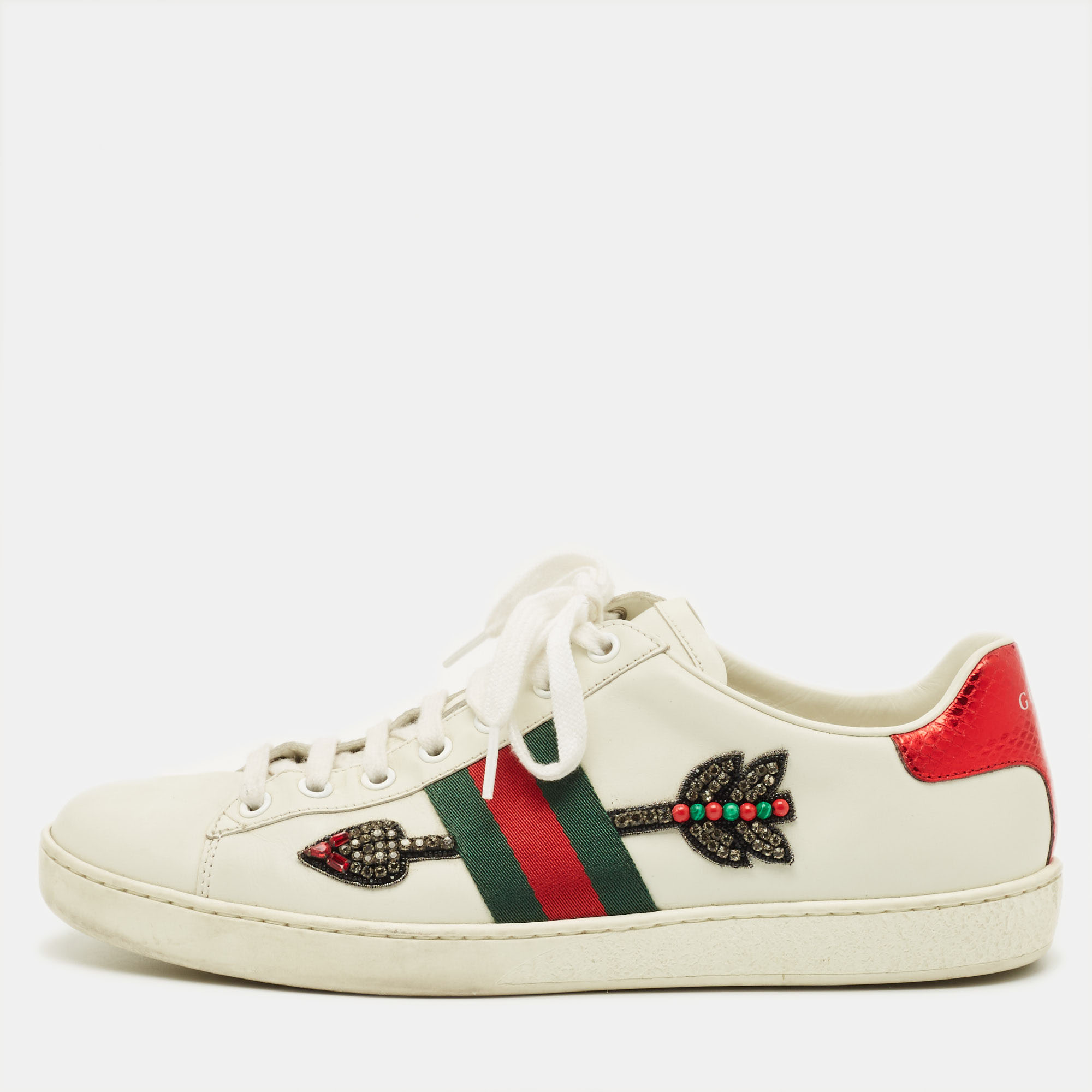 

Gucci Ace Size  White Leather Web Lace Up Sneakers