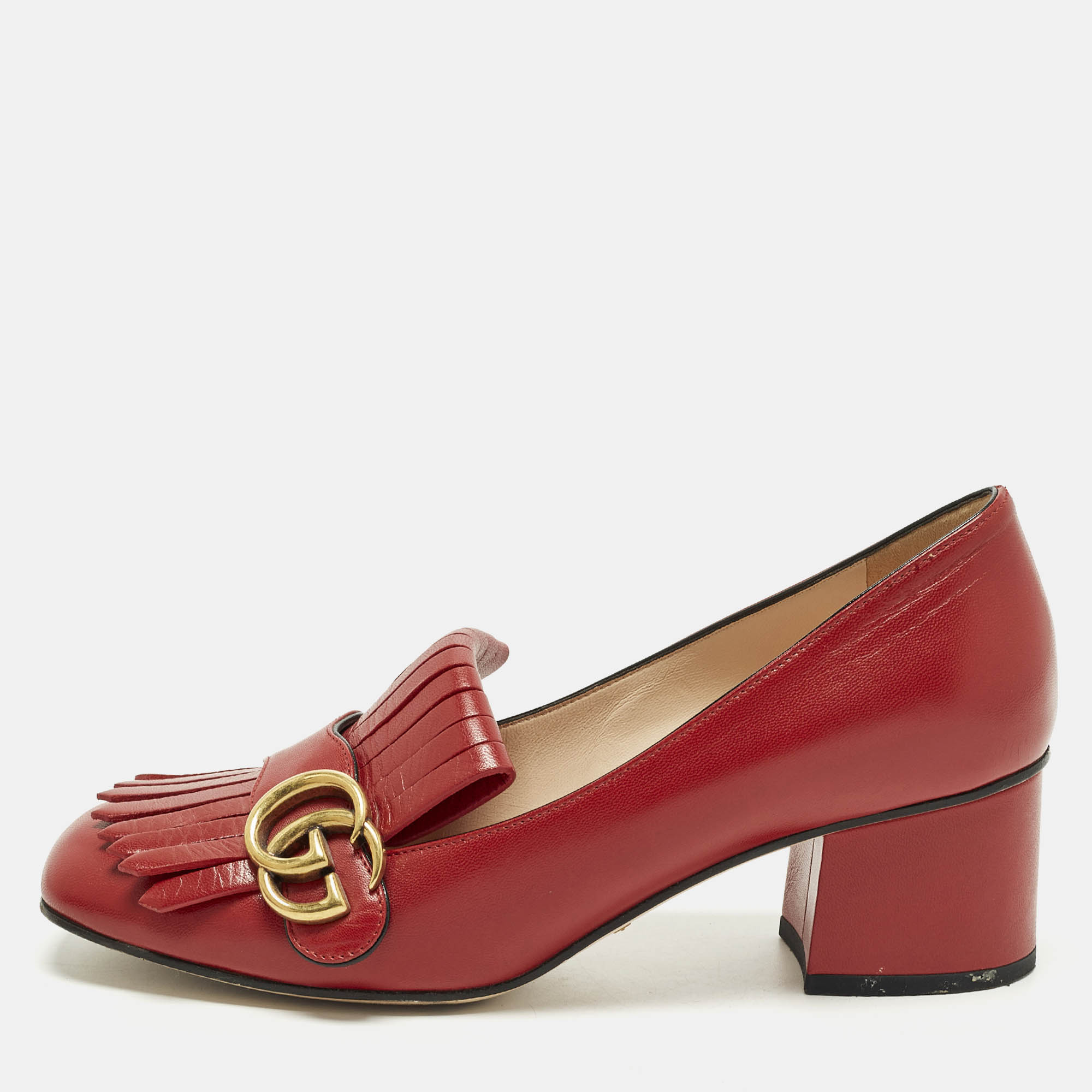 

Gucci GG Marmont Fringe Red Leather Block Heel Pumps Size