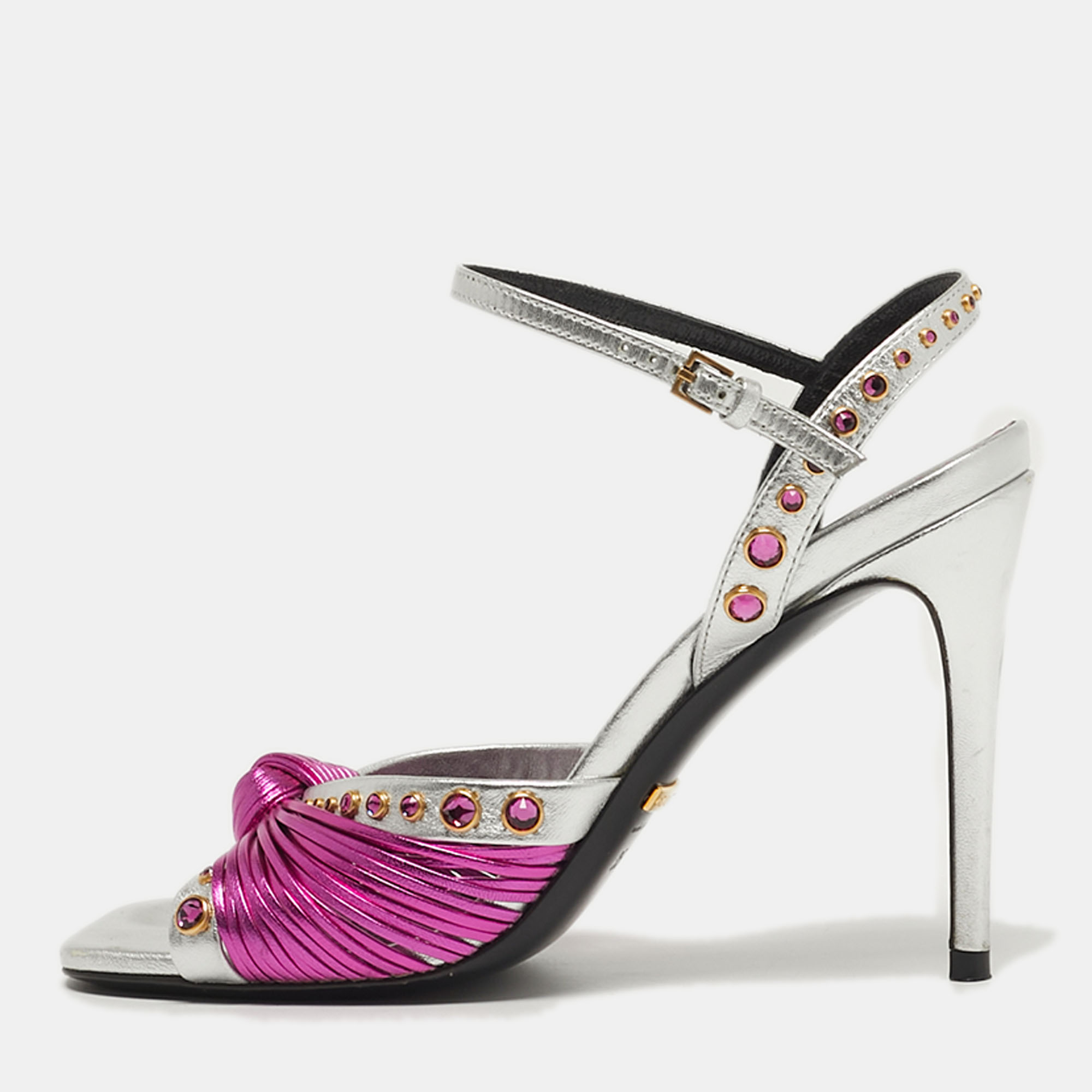 

Gucci Size  Metallic Silver/Pink Leather Knot Ankle Strap Sandals