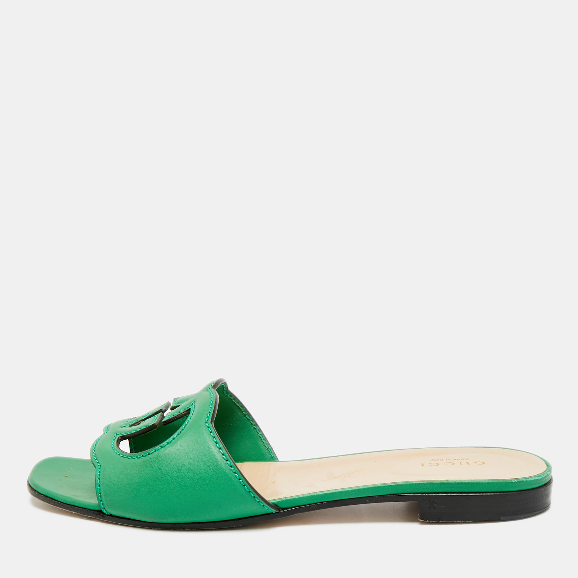 

Gucci Interlocking G Size  Green Leather Cut-Out Flat Slide Sandals
