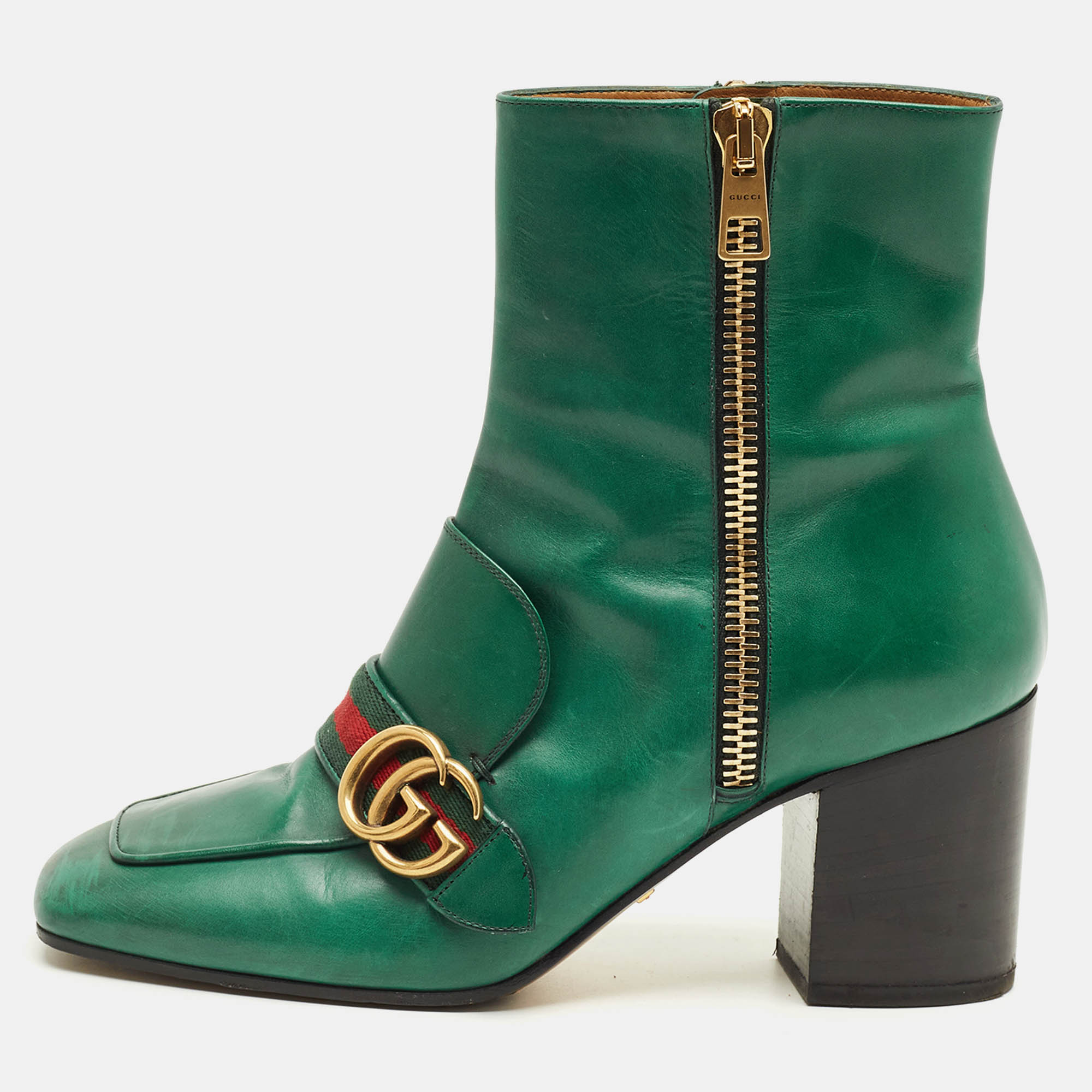 Pre-owned Gucci Gg Size 39 Green Leather Web Ankle Length Boots