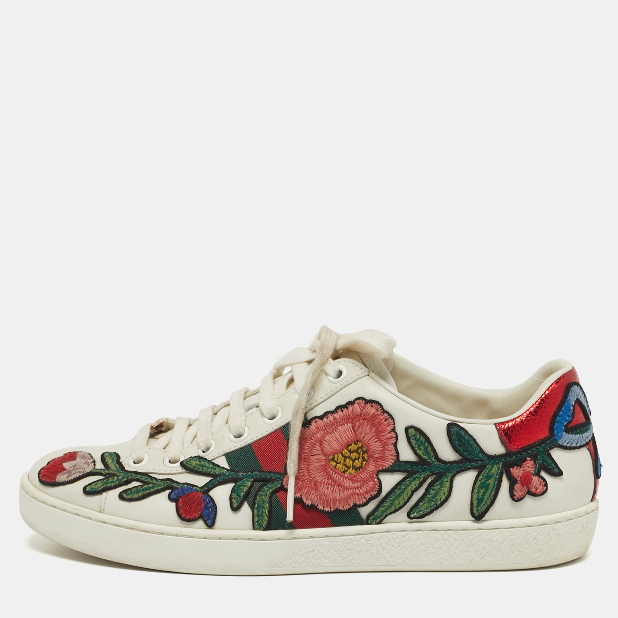 

Gucci Ace Size  White Leather Floral Embroidered Low Top Sneakers
