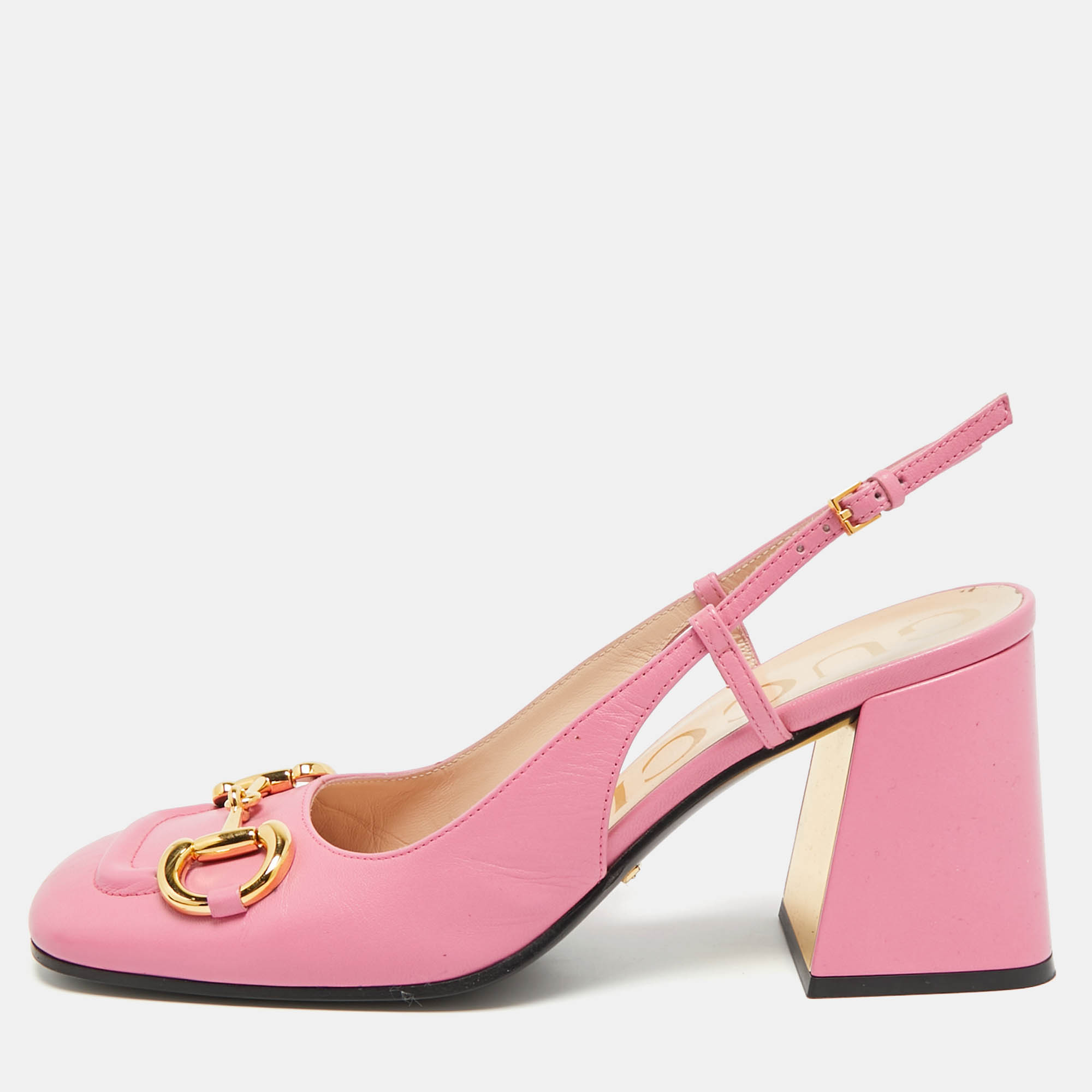 

Gucci Horsebit Size  Pink Leather Block Heel Slingback Pumps