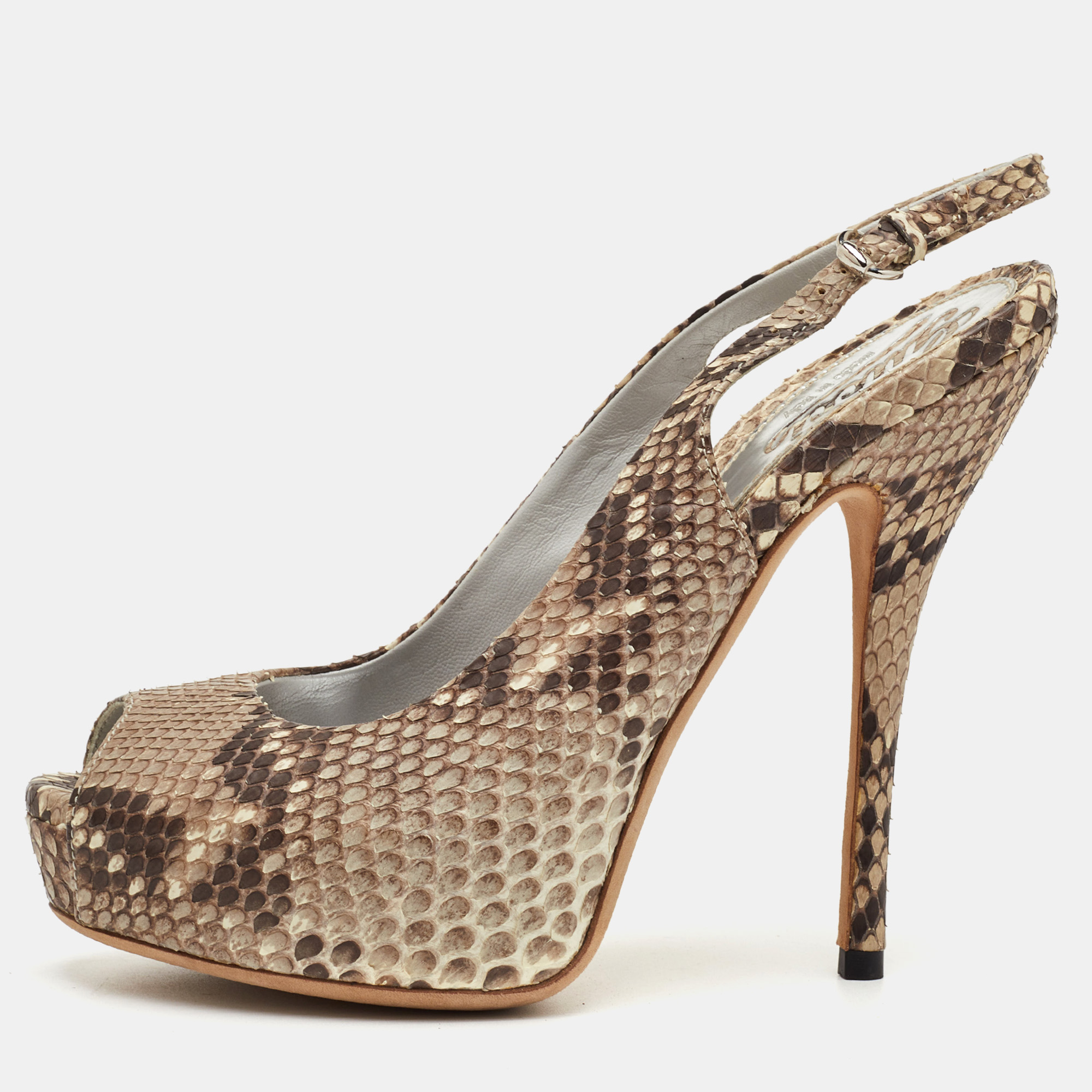 

Gucci Sofia Size  Grey/Brown Python Leather Peep Toe Platform Slingback Sandals