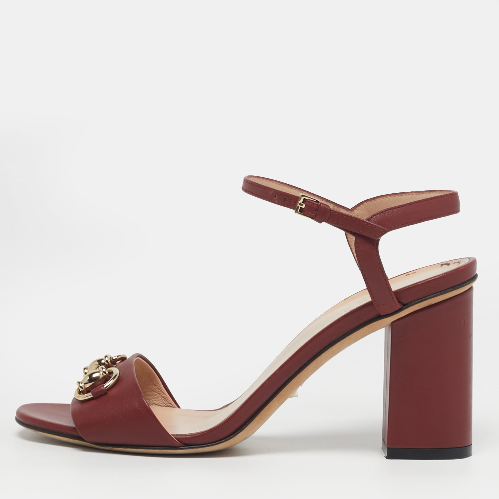 

Gucci Horsebit Size  Red Leather Block Heel Ankle Strap Sandals